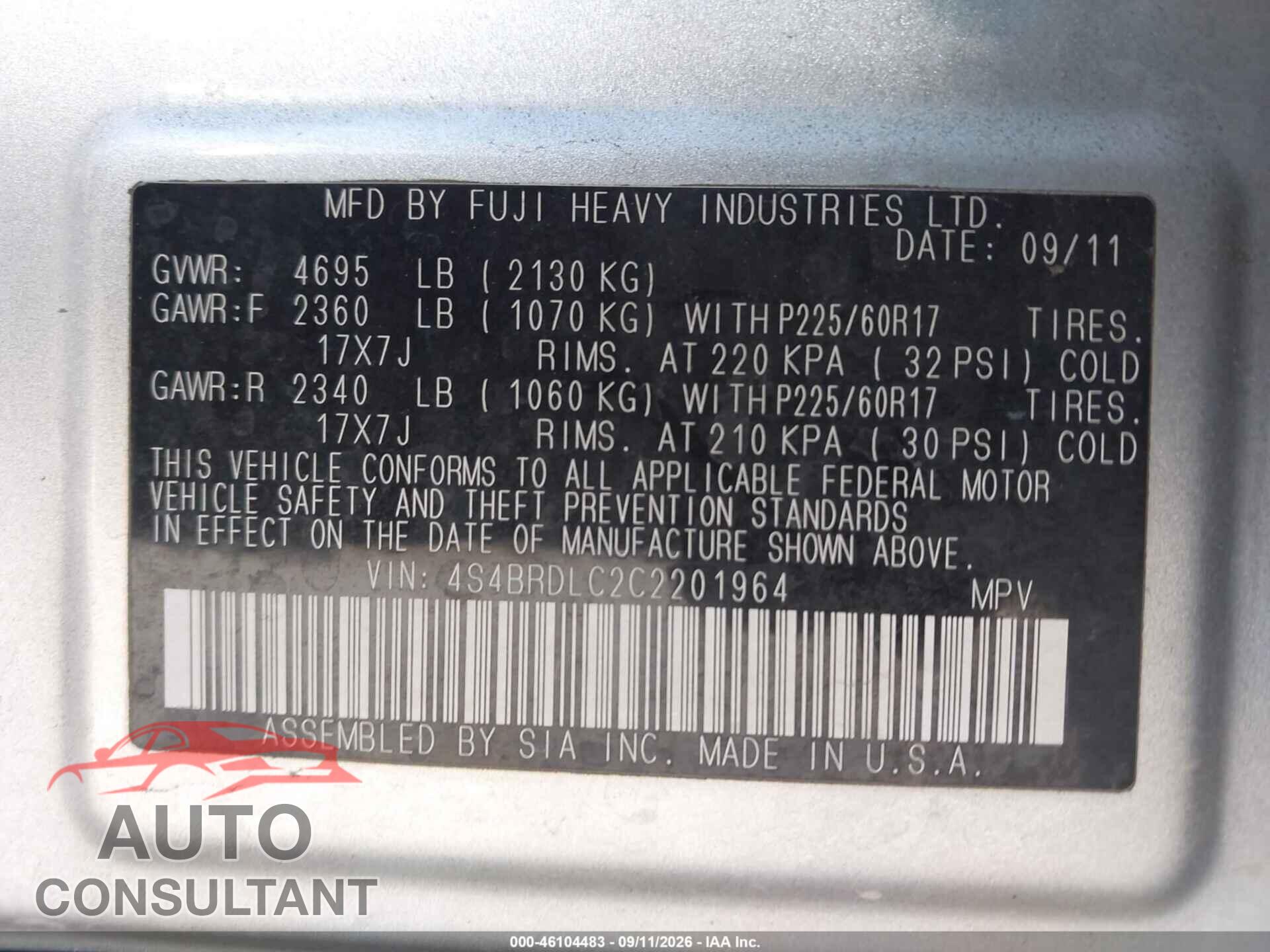 SUBARU OUTBACK 2012 - 4S4BRDLC2C2201964