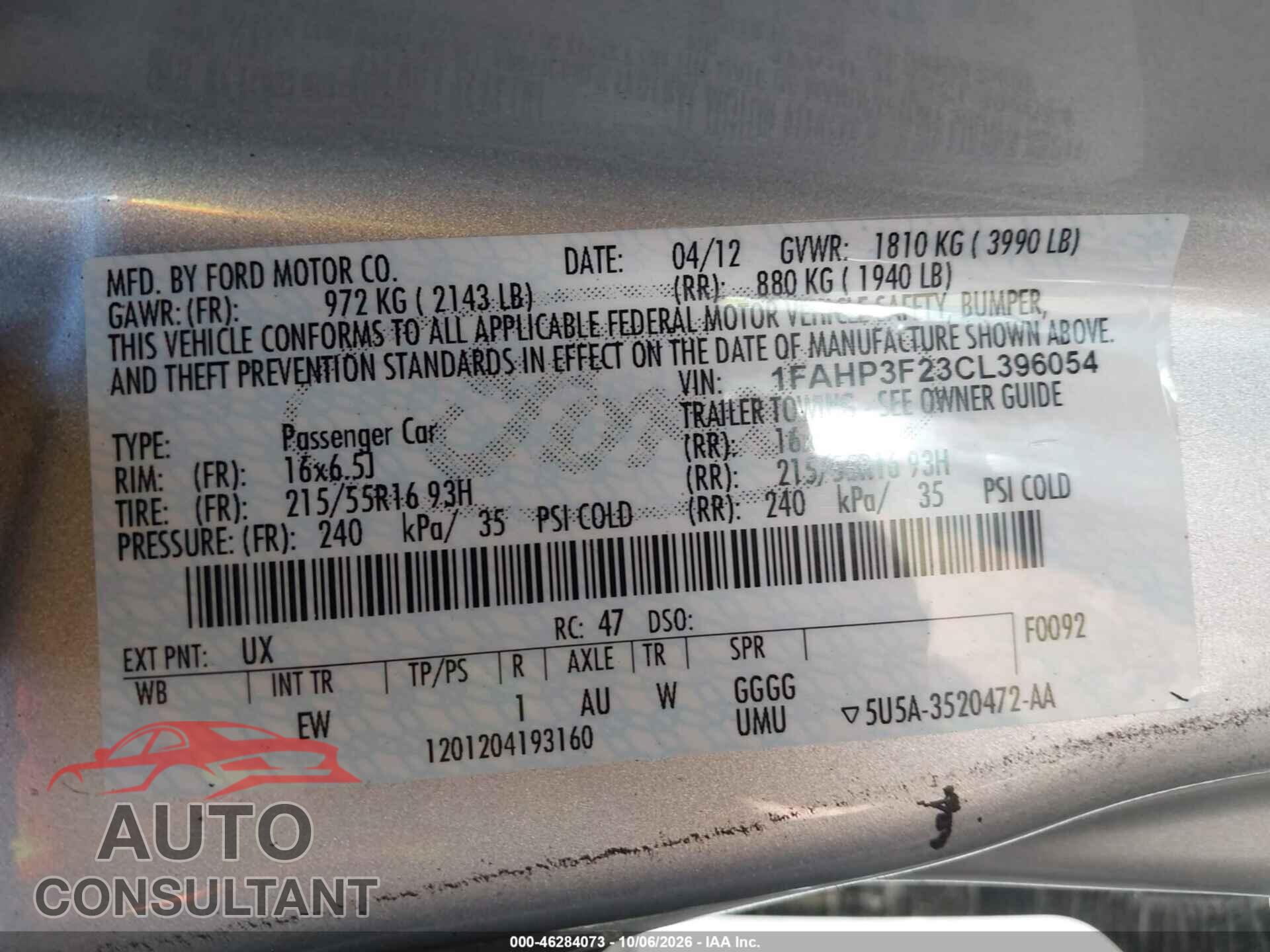 FORD FOCUS 2012 - 1FAHP3F23CL396054