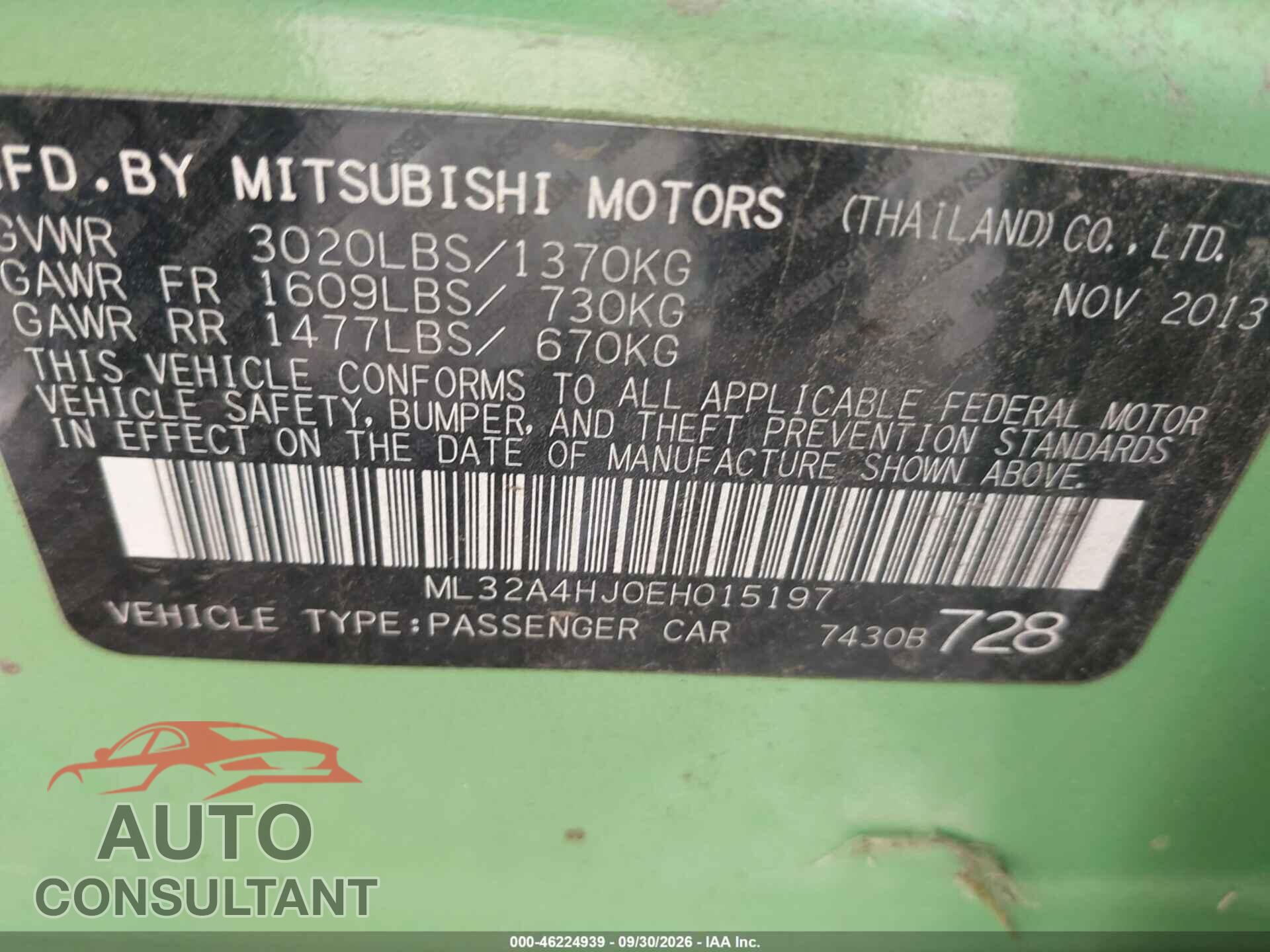MITSUBISHI MIRAGE 2014 - ML32A4HJ0EH015197