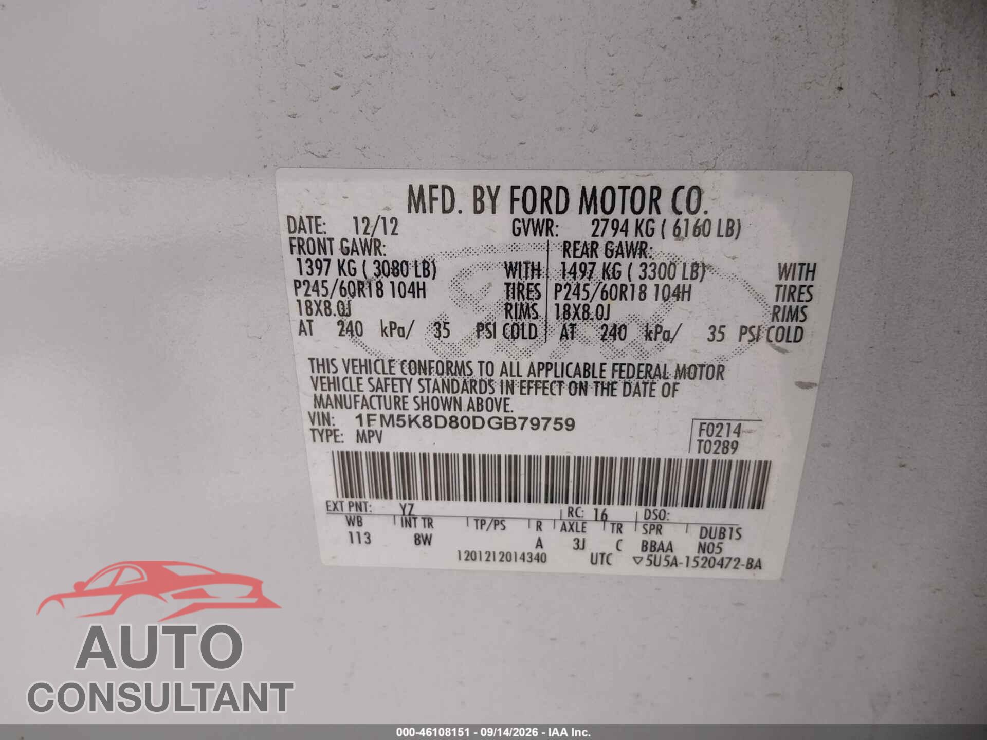 FORD EXPLORER 2013 - 1FM5K8D80DGB79759