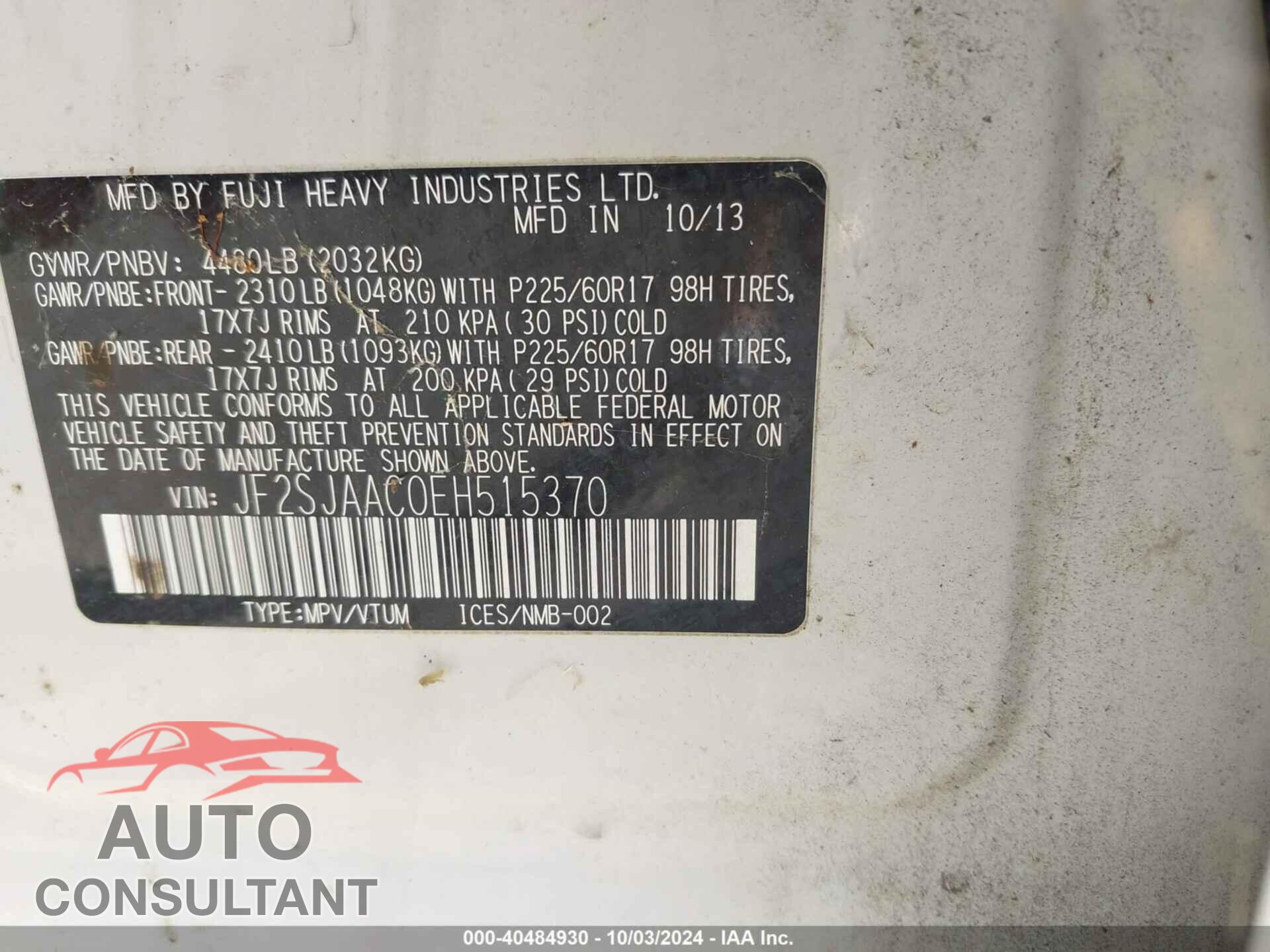 SUBARU FORESTER 2014 - JF2SJAAC0EH515370