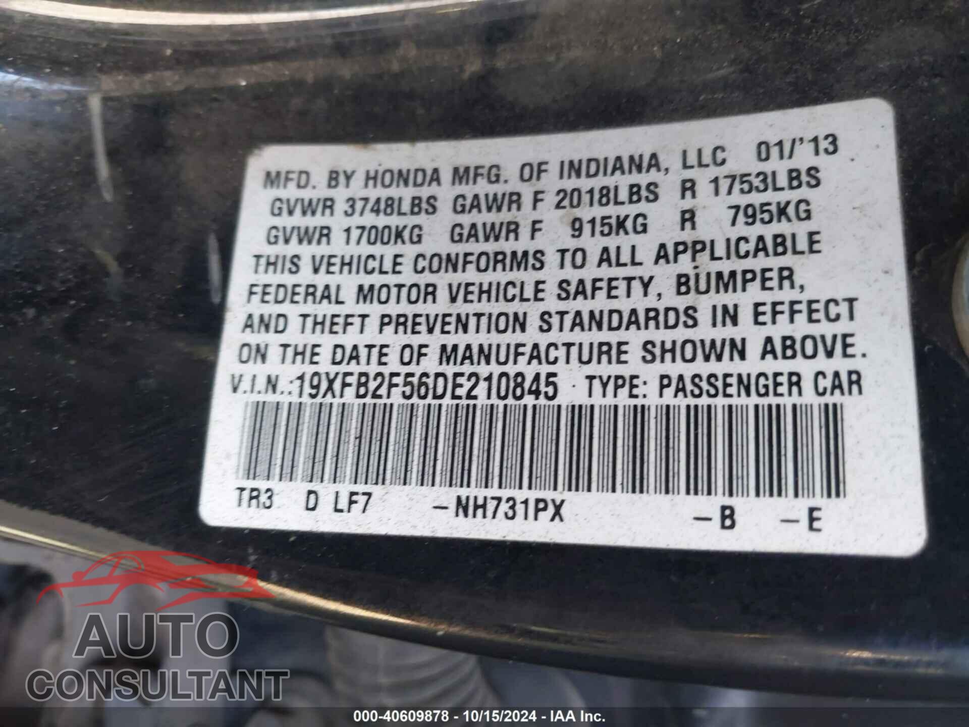 HONDA CIVIC 2013 - 19XFB2F56DE210845