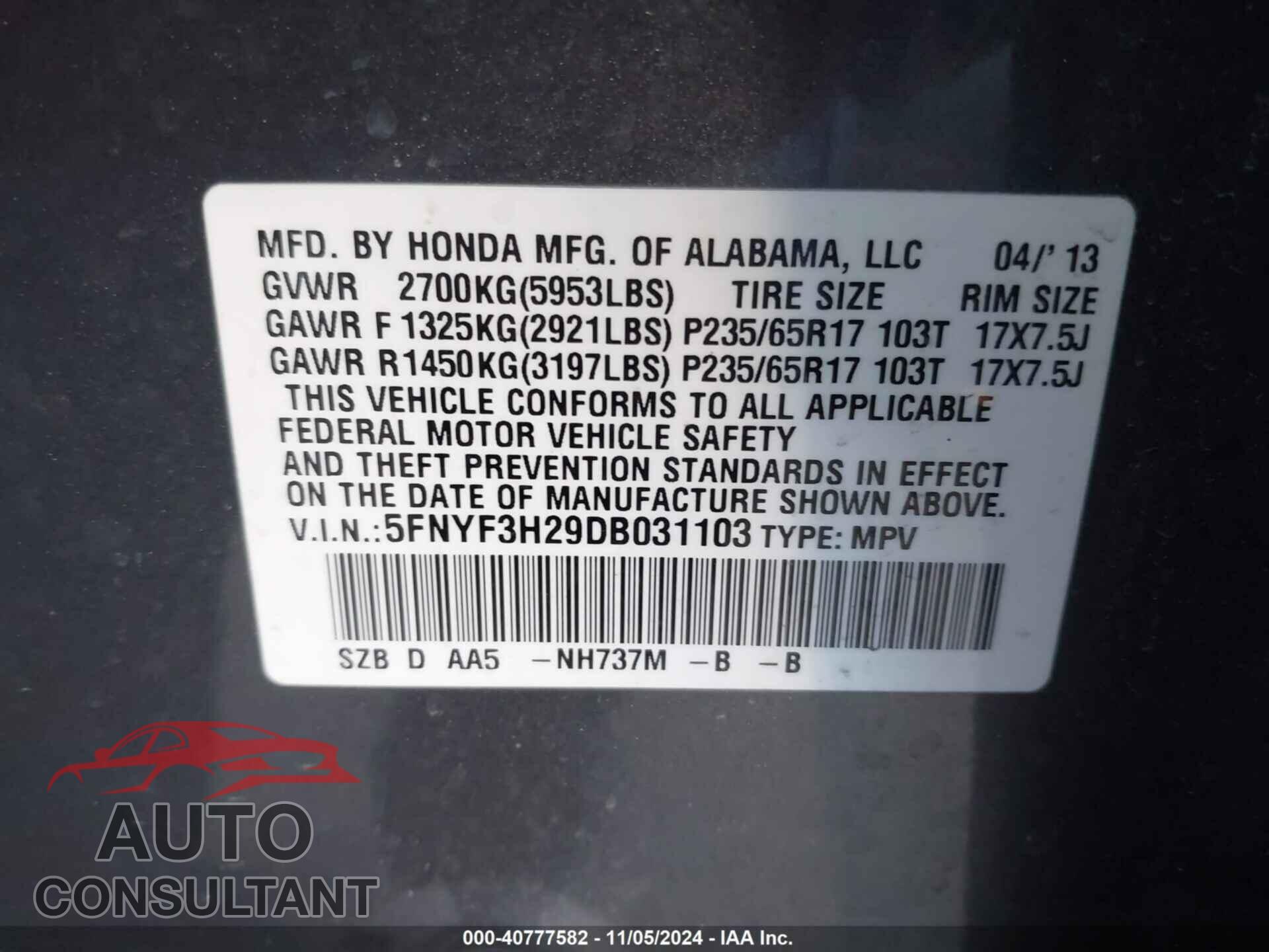 HONDA PILOT 2013 - 5FNYF3H29DB031103
