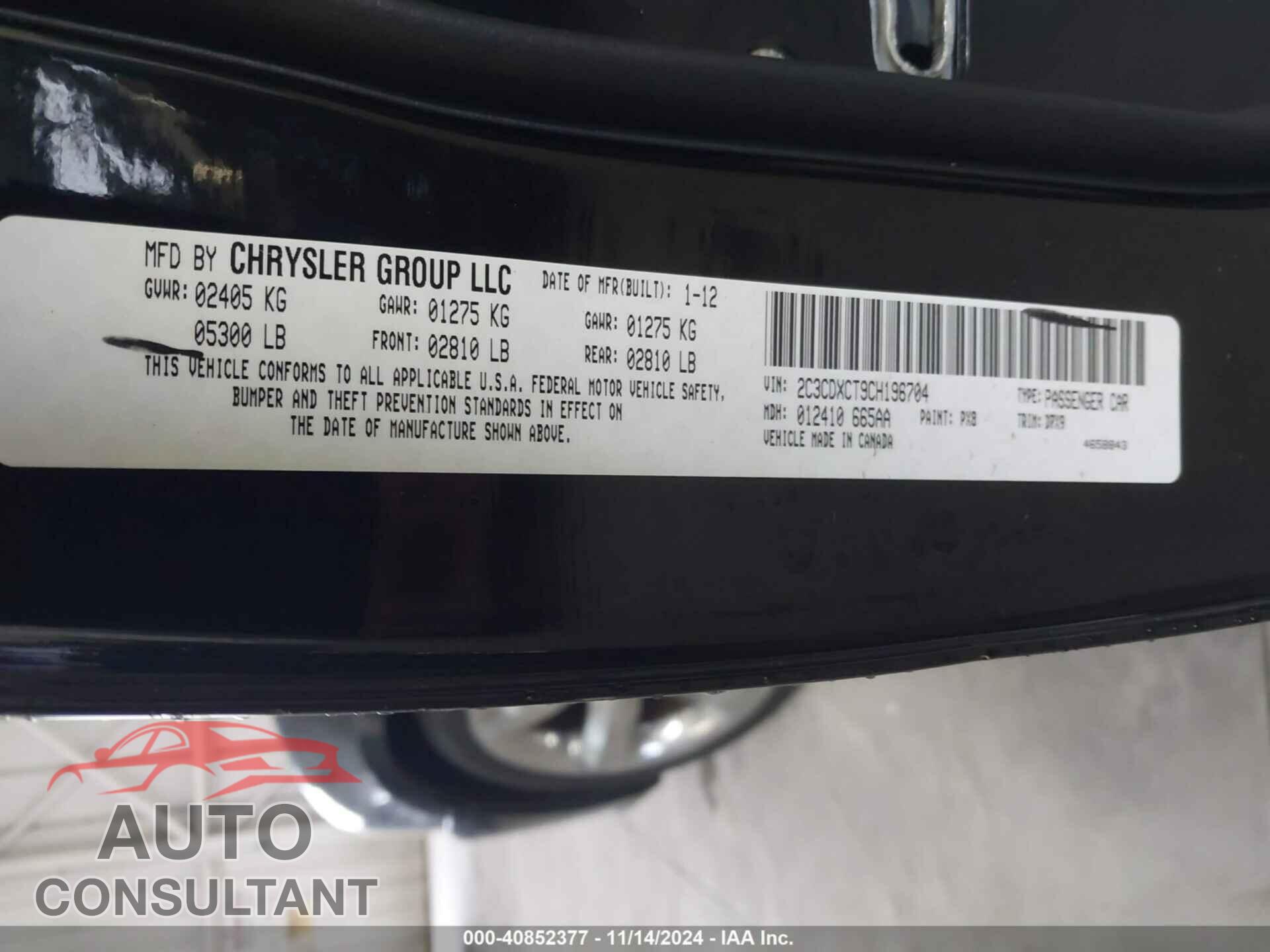 DODGE CHARGER 2012 - 2C3CDXCT9CH196704