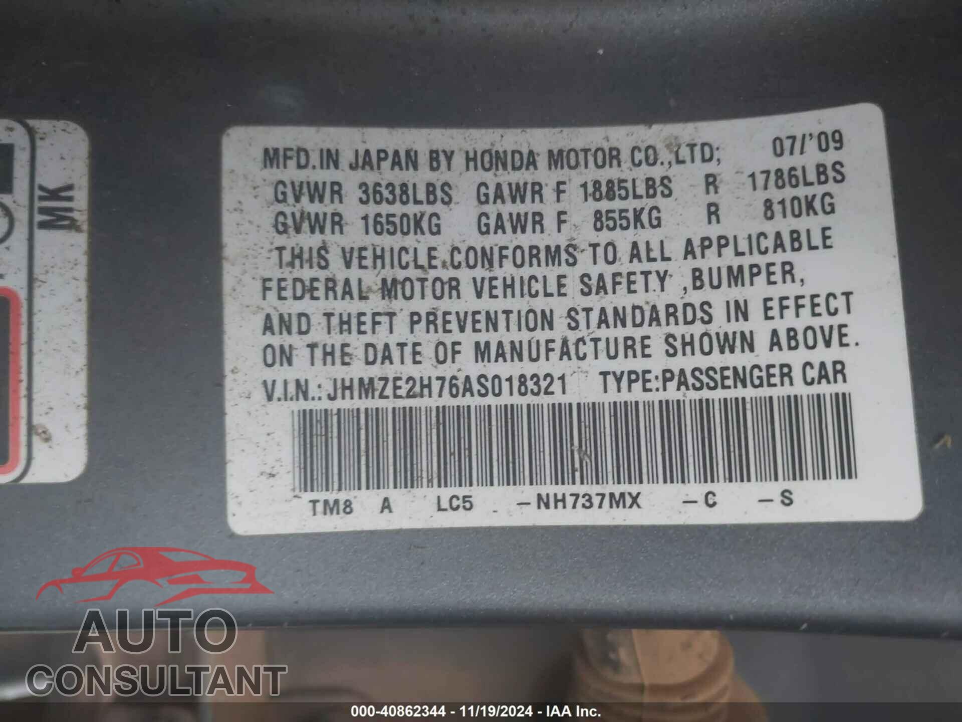 HONDA INSIGHT 2010 - JHMZE2H76AS018321