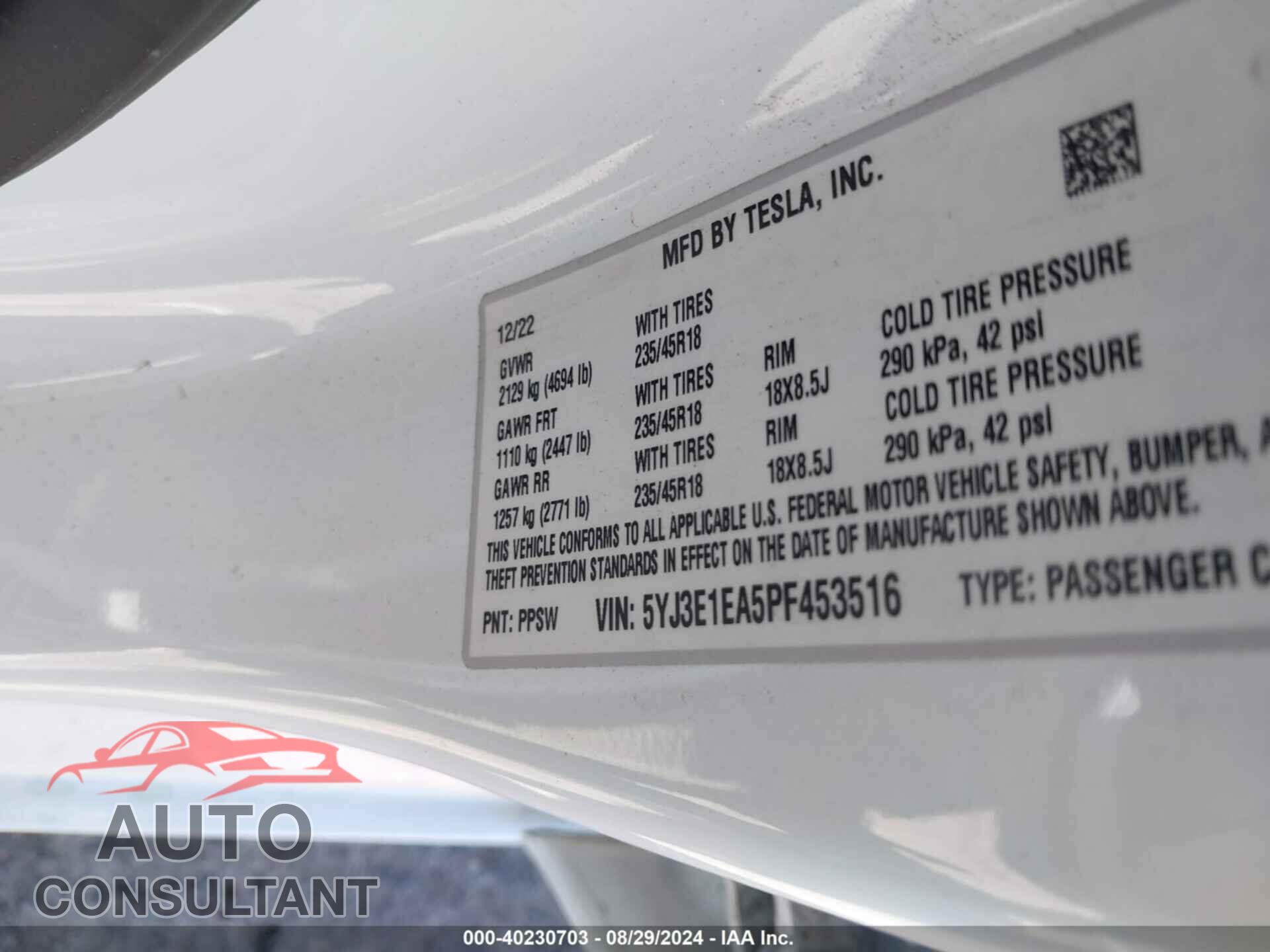 TESLA MODEL 3 2023 - 5YJ3E1EA5PF453516