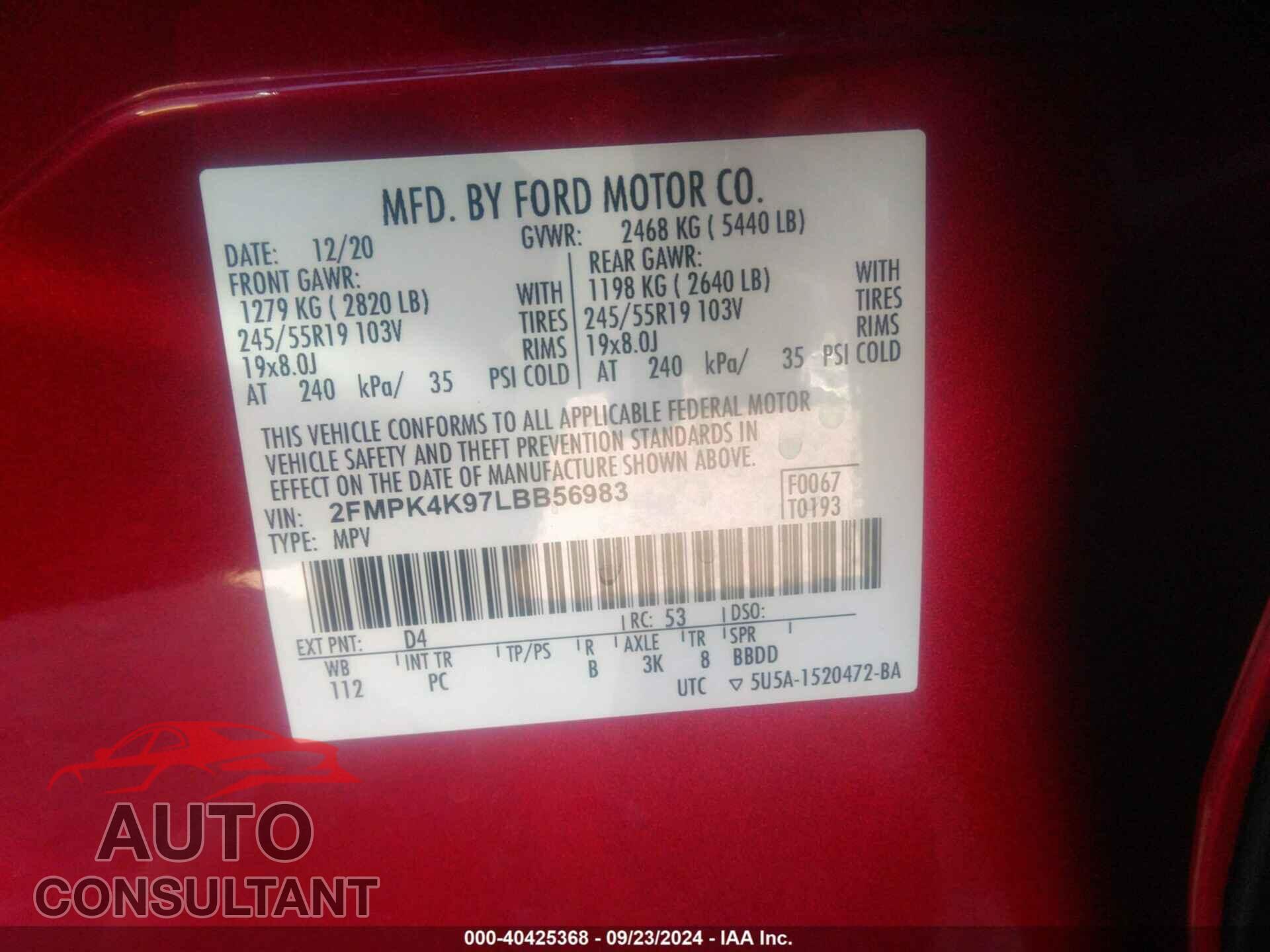 FORD EDGE 2020 - 2FMPK4K97LBB56983