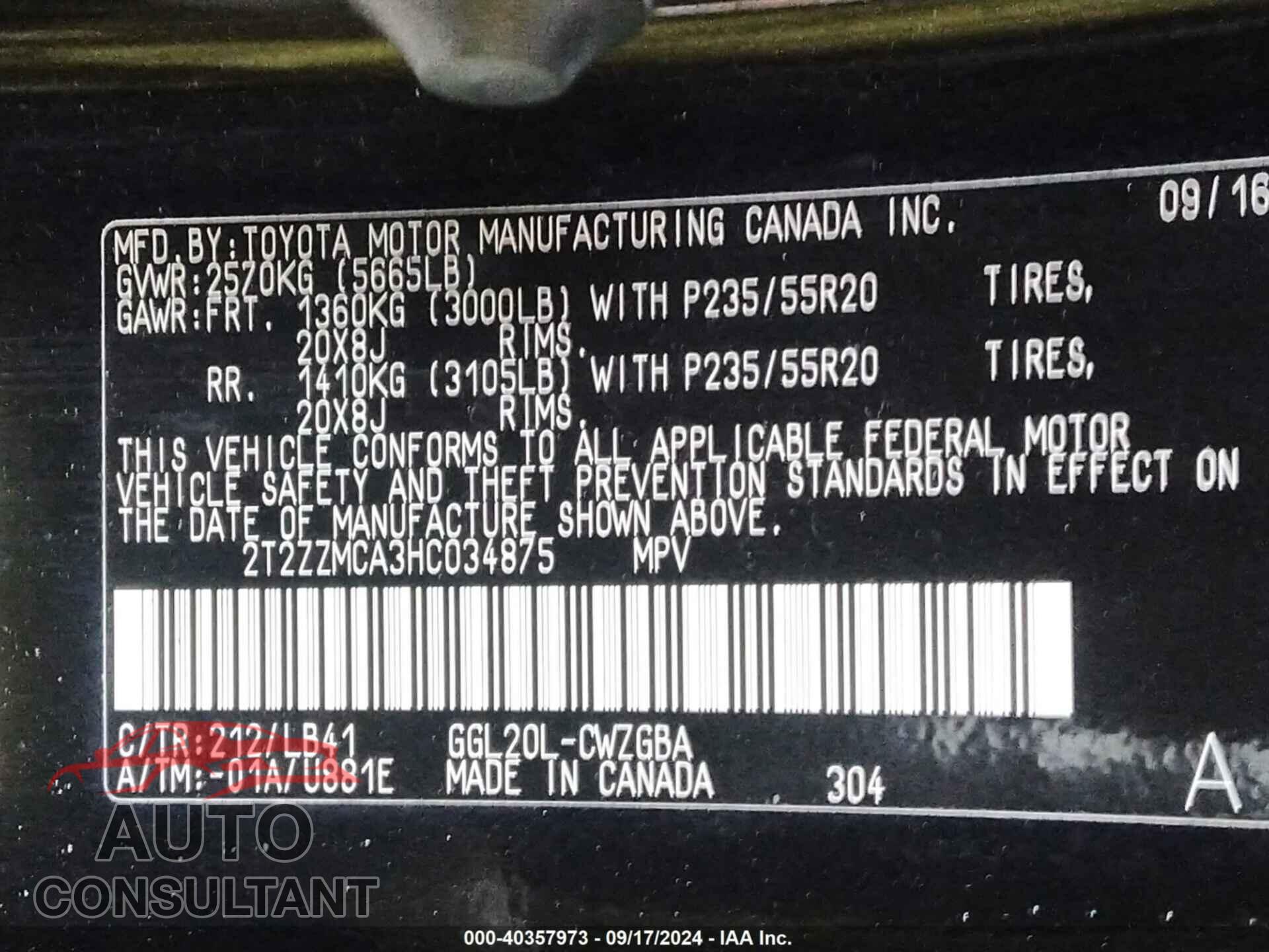 LEXUS RX 350 2017 - 2T2ZZMCA3HC034875