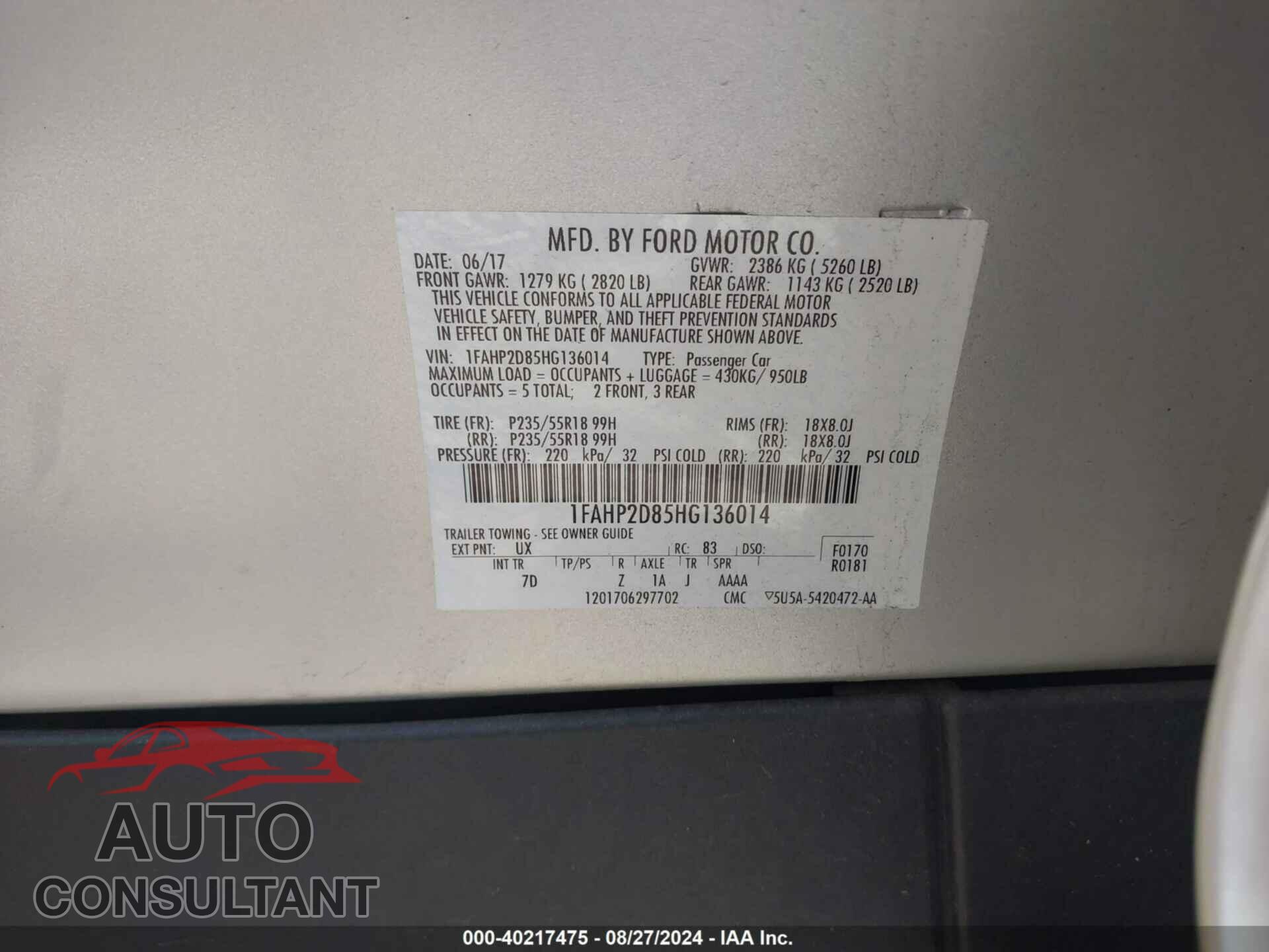 FORD TAURUS 2017 - 1FAHP2D85HG136014
