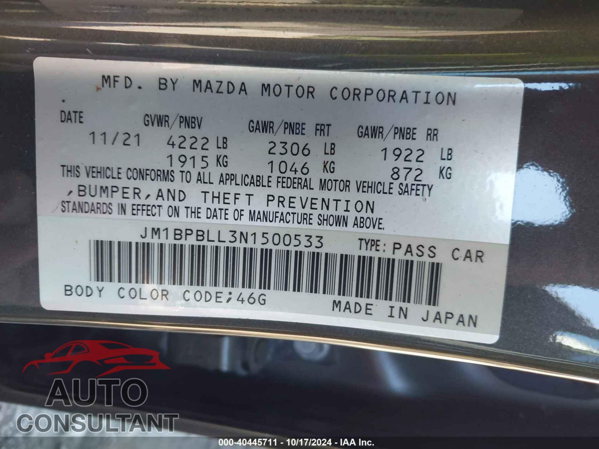 MAZDA MAZDA3 2022 - JM1BPBLL3N1500533