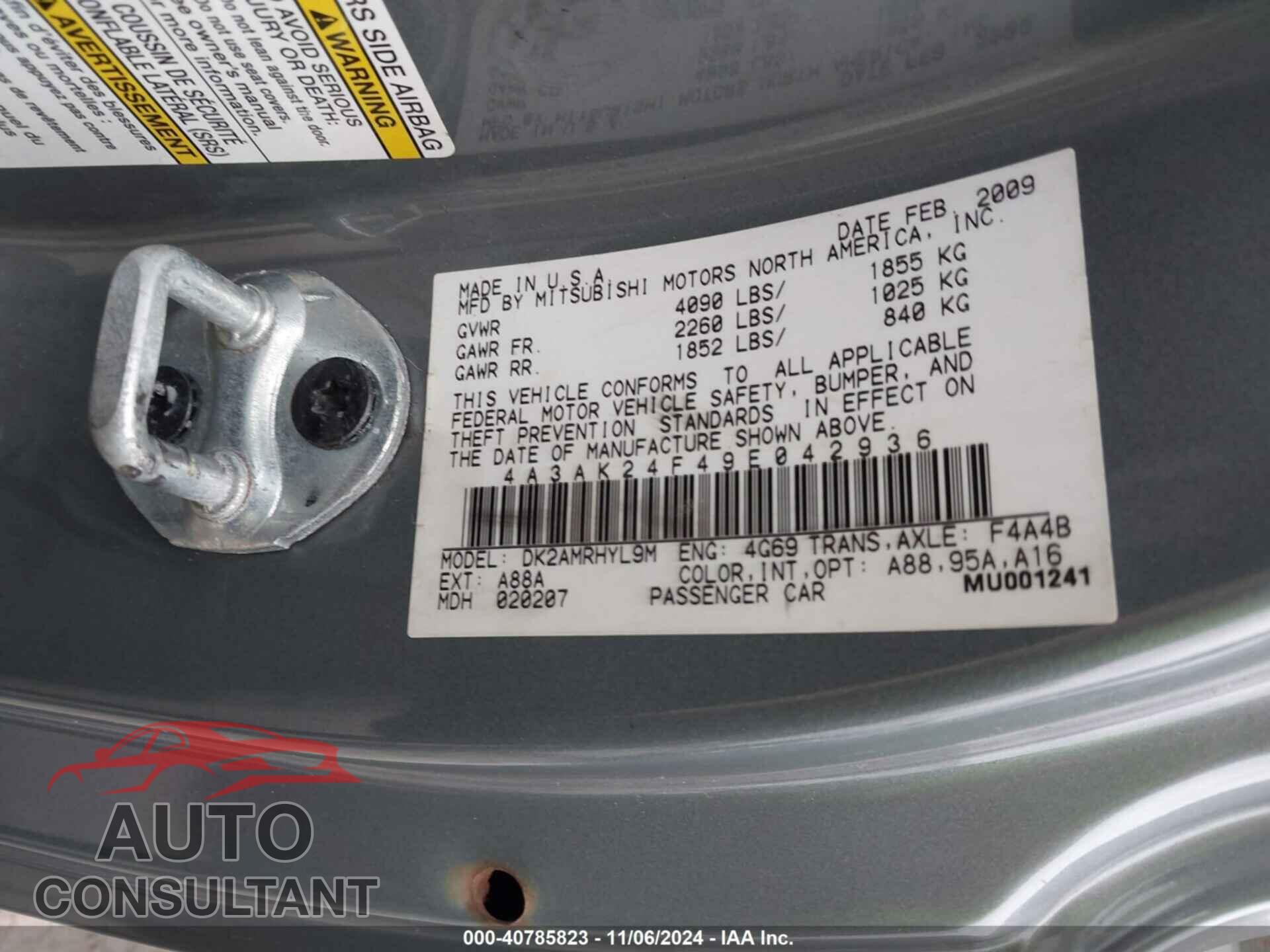 MITSUBISHI ECLIPSE 2009 - 4A3AK24F49E042936