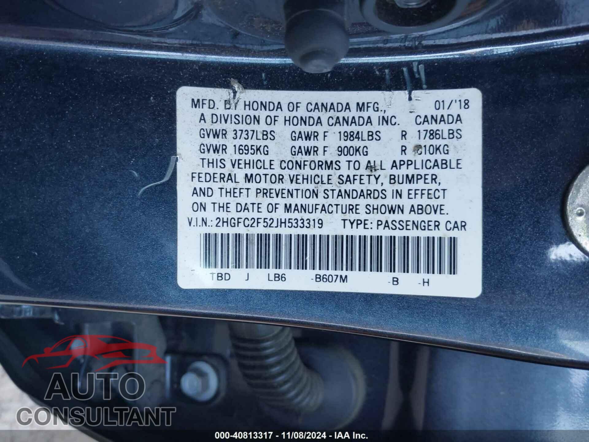 HONDA CIVIC 2018 - 2HGFC2F52JH533319
