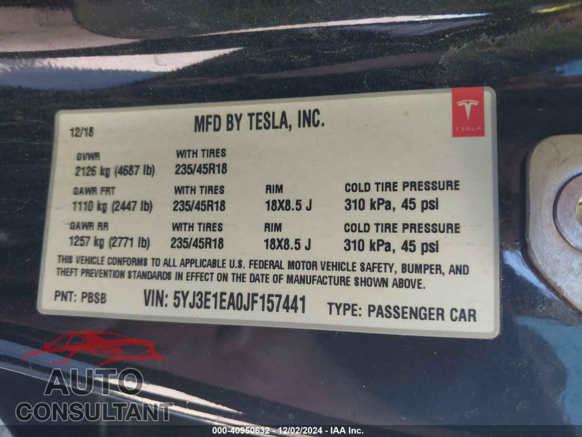 TESLA MODEL 3 2018 - 5YJ3E1EA0JF157441