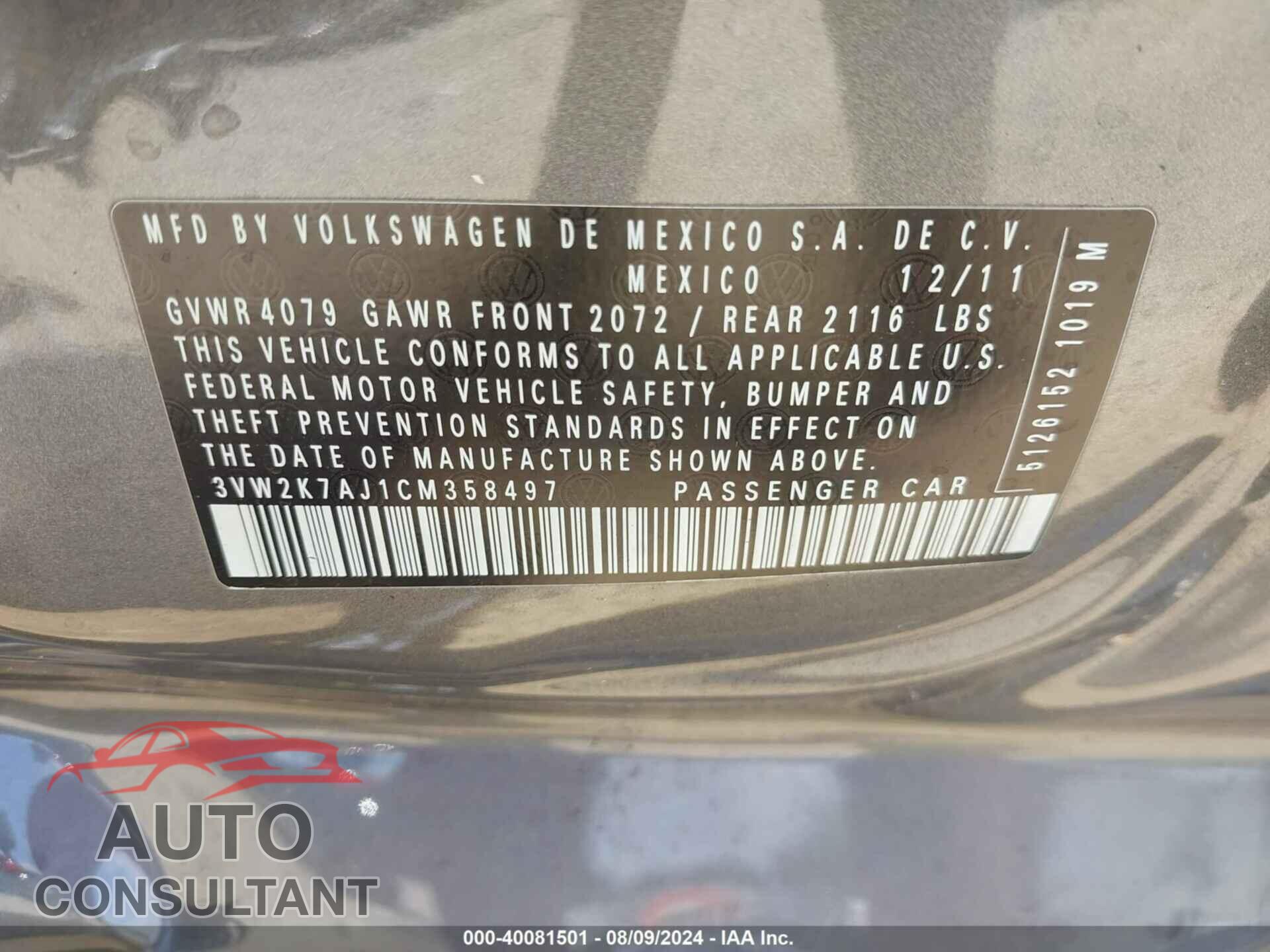 VOLKSWAGEN JETTA 2012 - 3VW2K7AJ1CM358497
