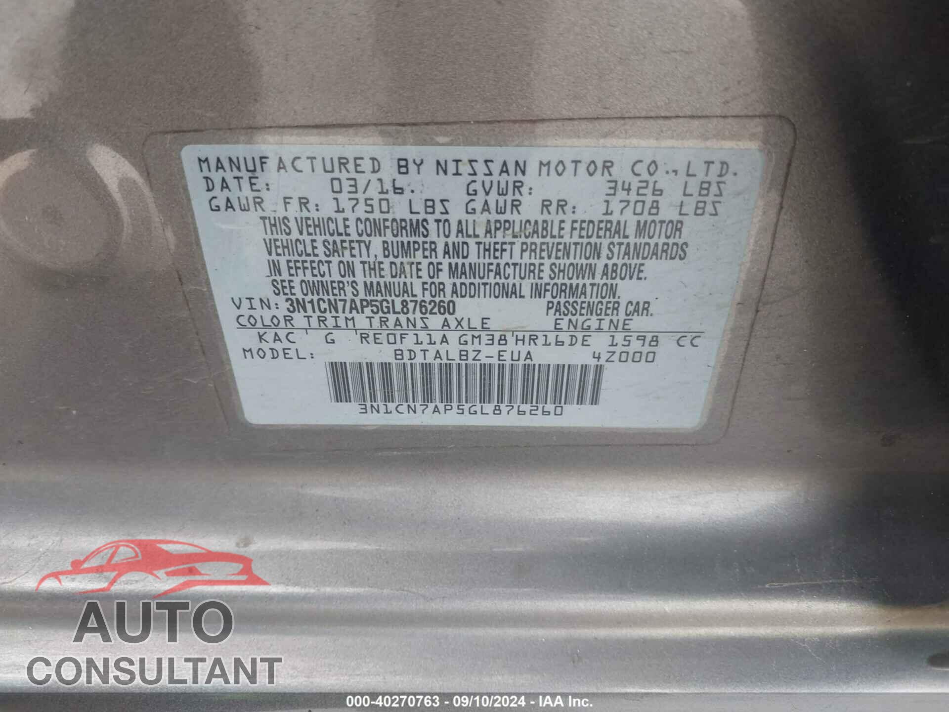 NISSAN VERSA 2016 - 3N1CN7AP5GL876260