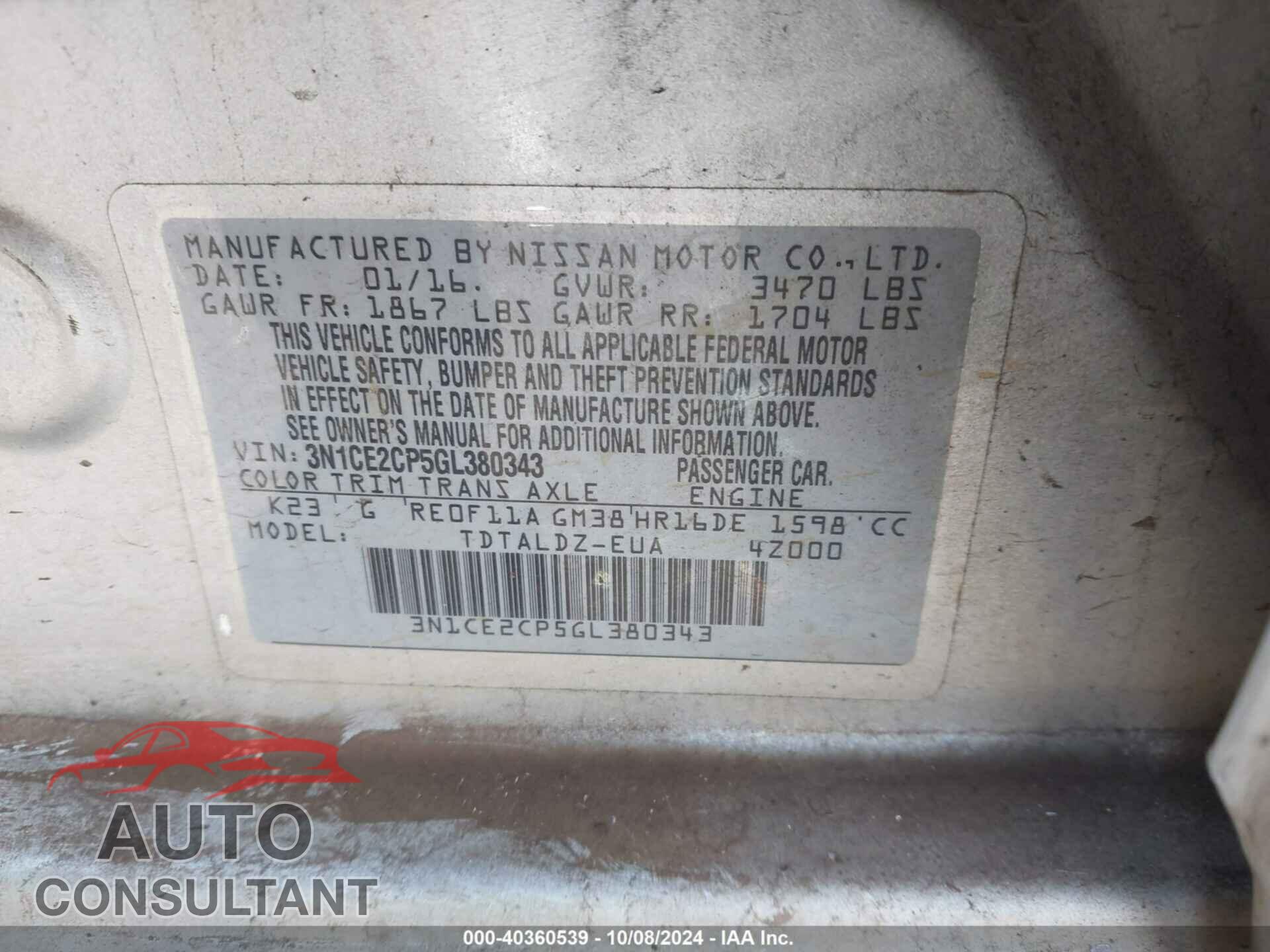 NISSAN VERSA NOTE 2016 - 3N1CE2CP5GL380343