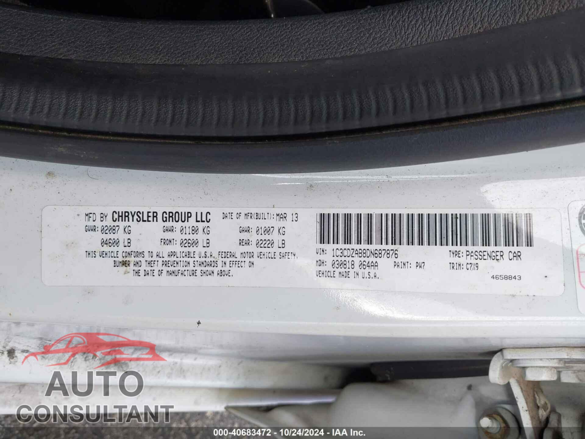 DODGE AVENGER 2013 - 1C3CDZAB8DN687876