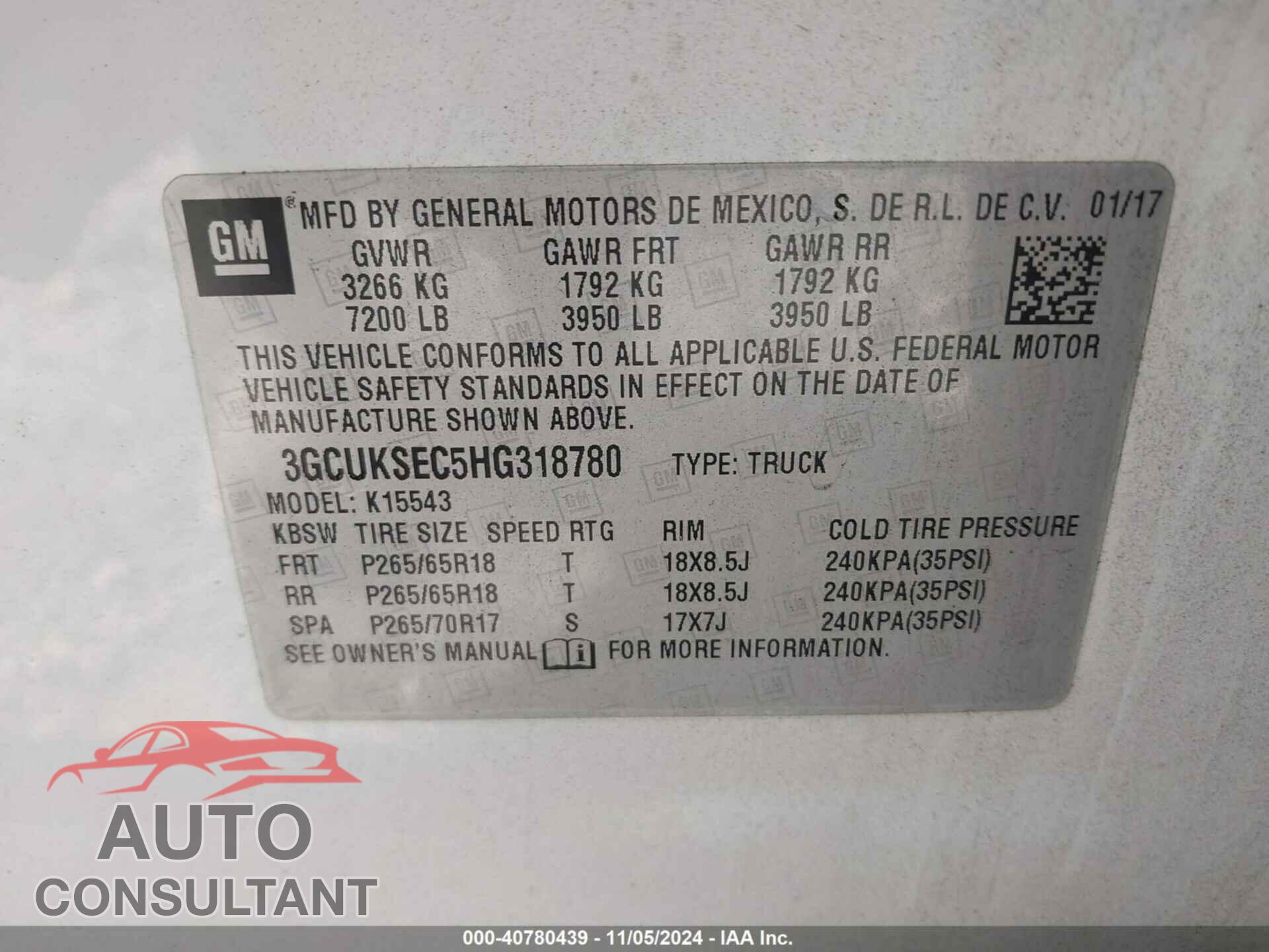 CHEVROLET SILVERADO 1500 2017 - 3GCUKSEC5HG318780
