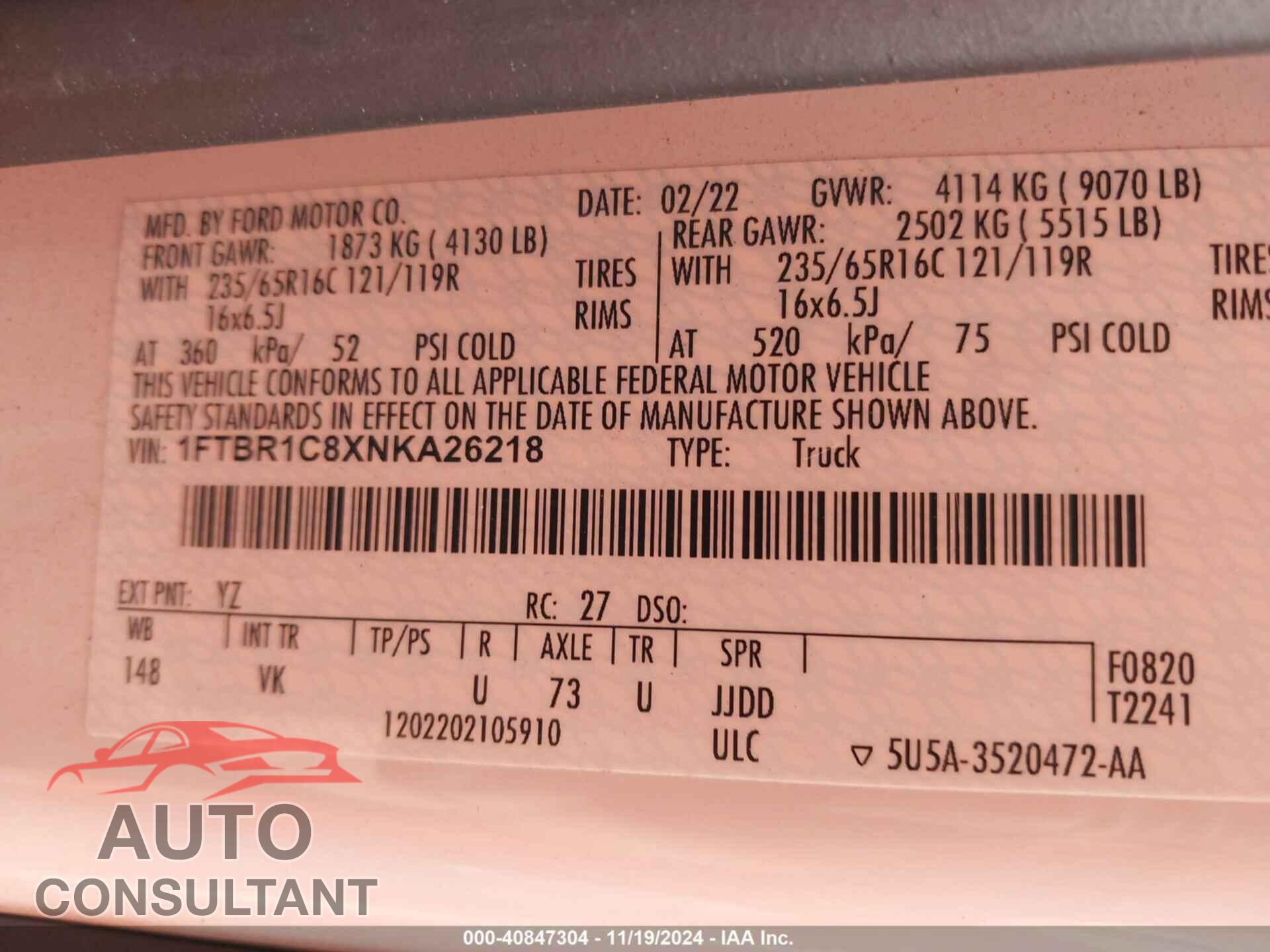 FORD TRANSIT-250 CARGO VAN 2022 - 1FTBR1C8XNKA26218