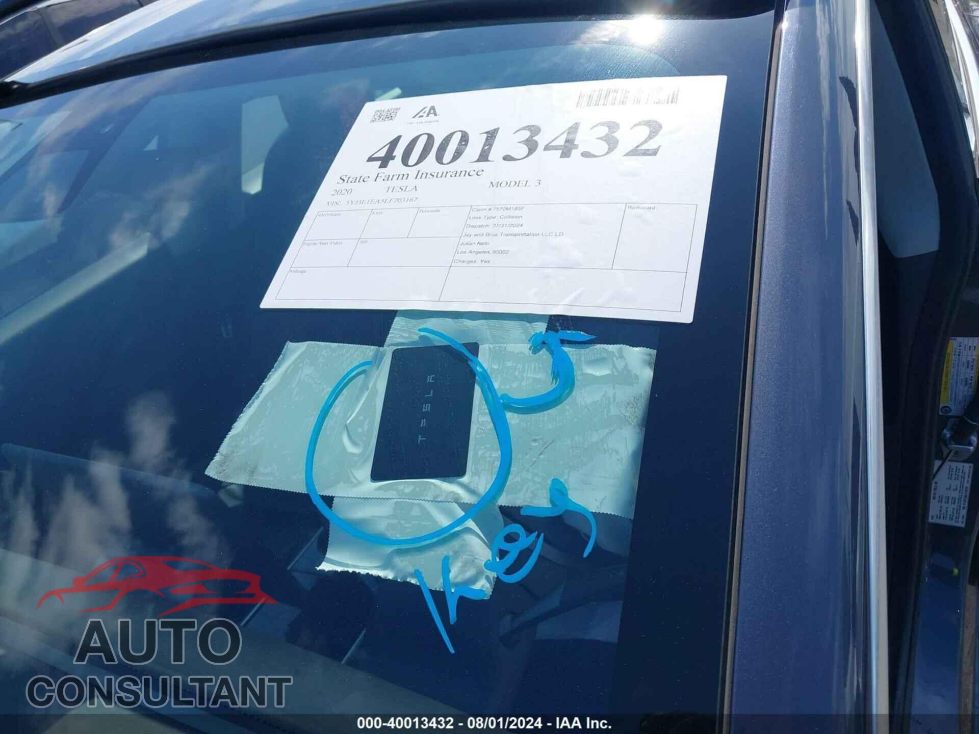 TESLA MODEL 3 2020 - 5YJ3E1EA5LF703167