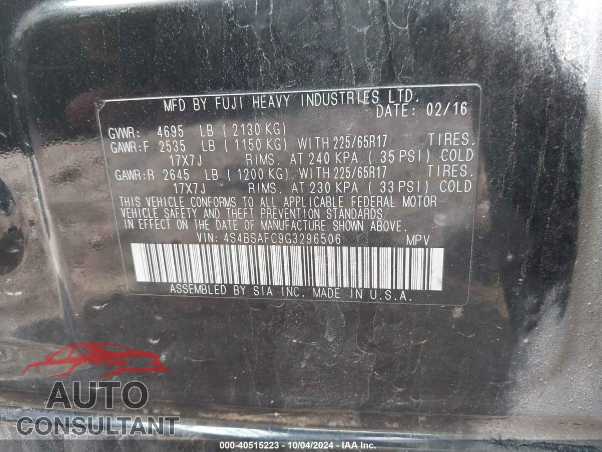 SUBARU OUTBACK 2016 - 4S4BSAFC9G3296506