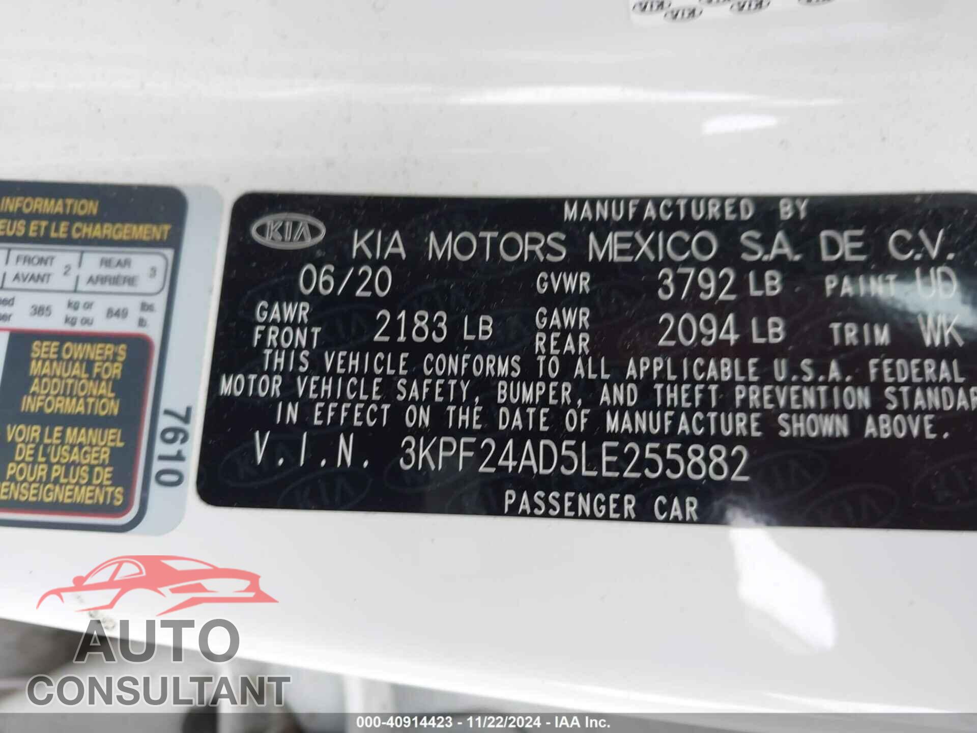 KIA FORTE 2020 - 3KPF24AD5LE255882