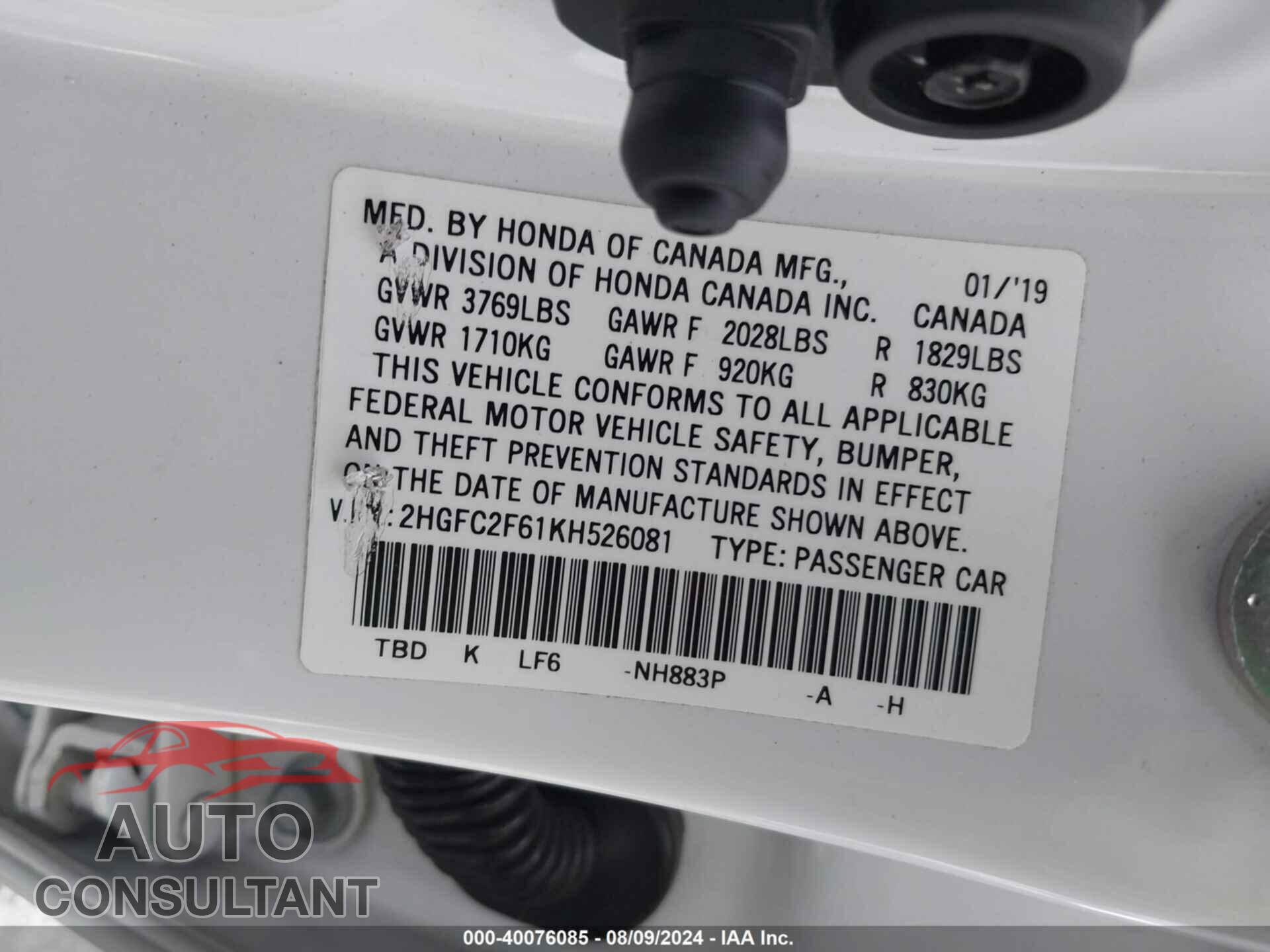 HONDA CIVIC 2019 - 2HGFC2F61KH526081