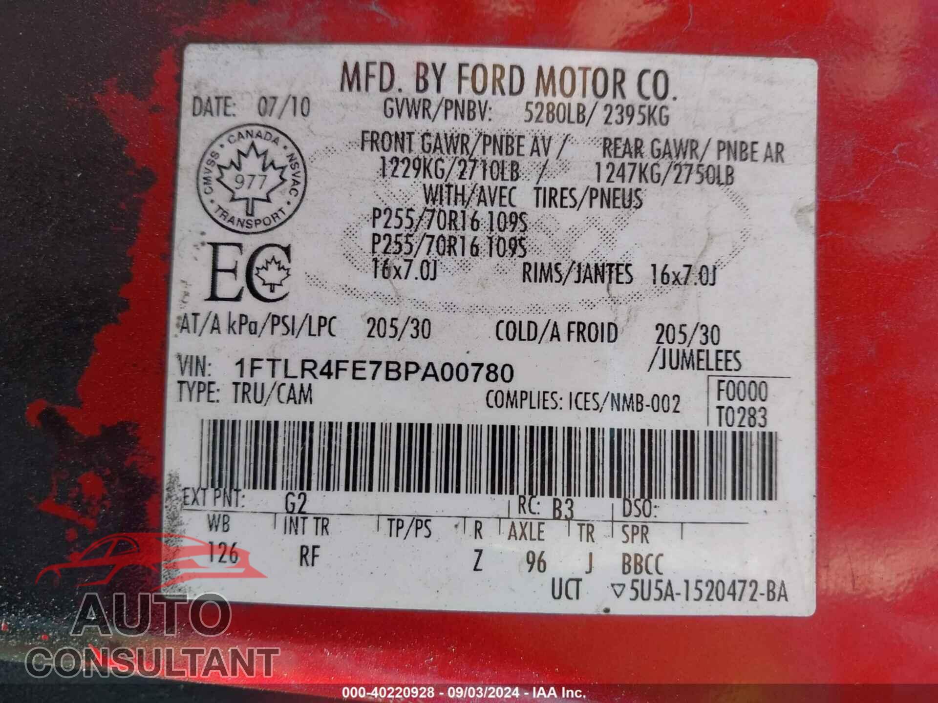 FORD RANGER 2011 - 1FTLR4FE7BPA00780