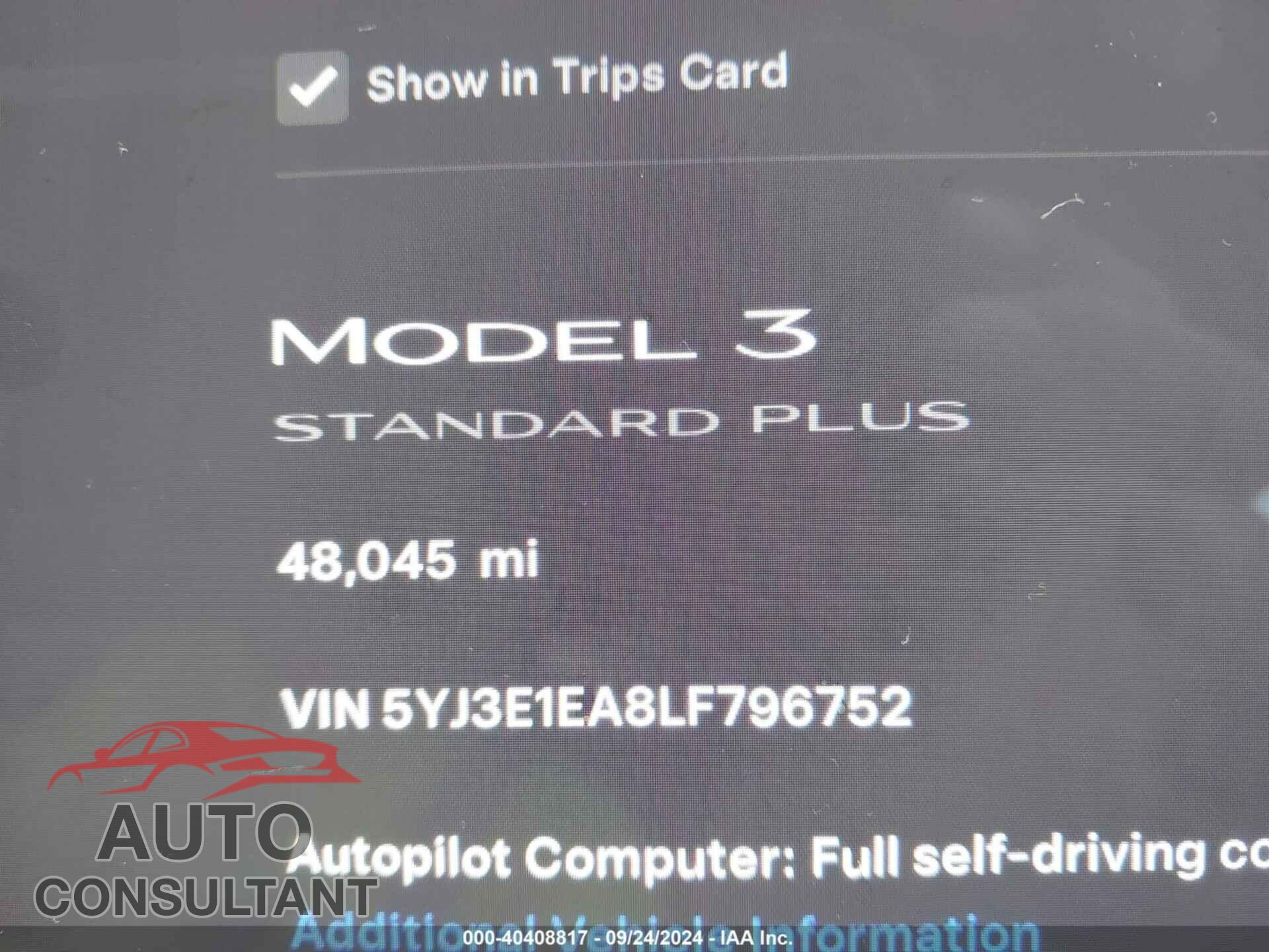 TESLA MODEL 3 2020 - 5YJ3E1EA8LF796752