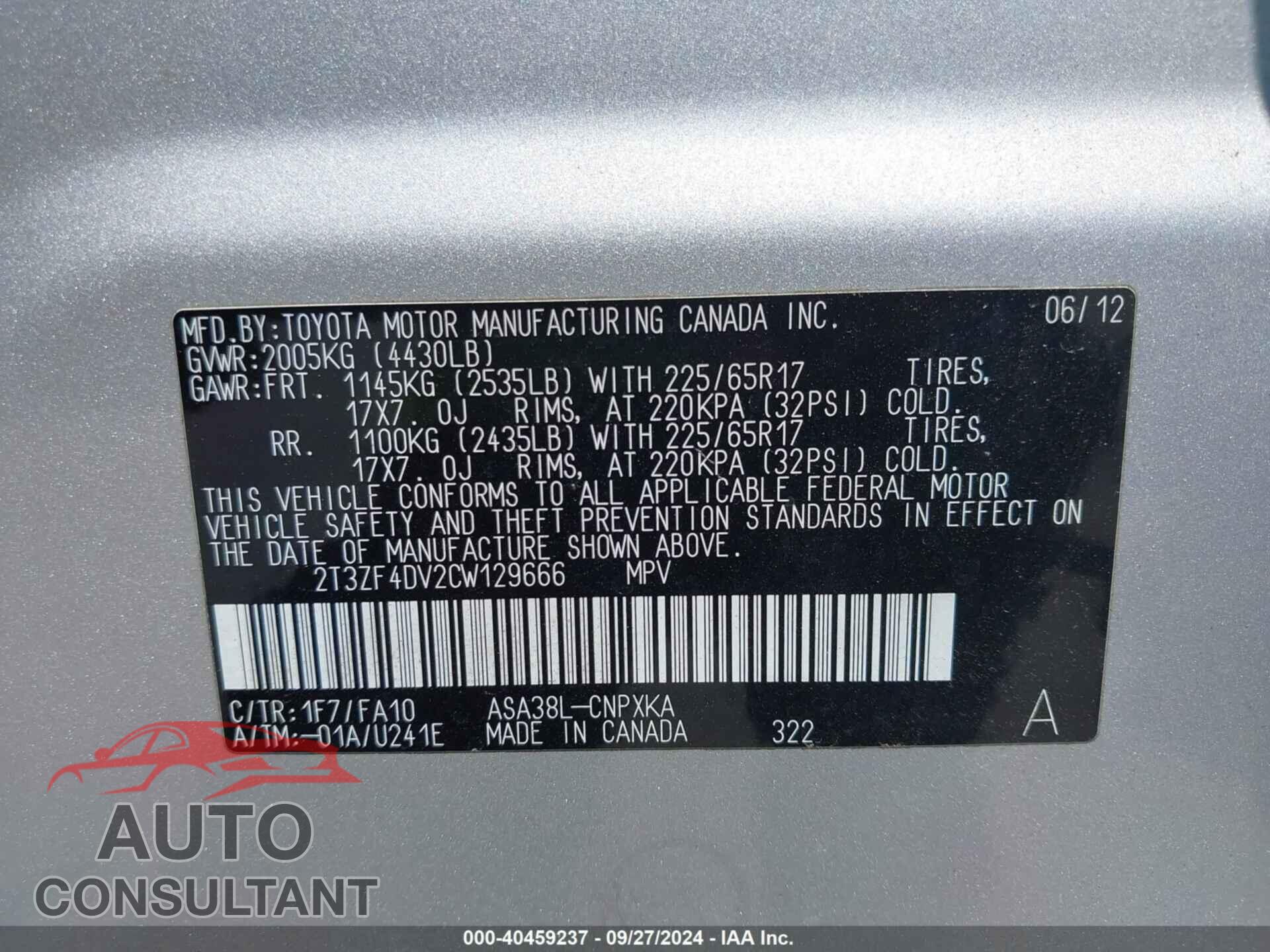 TOYOTA RAV4 2012 - 2T3ZF4DV2CW129666