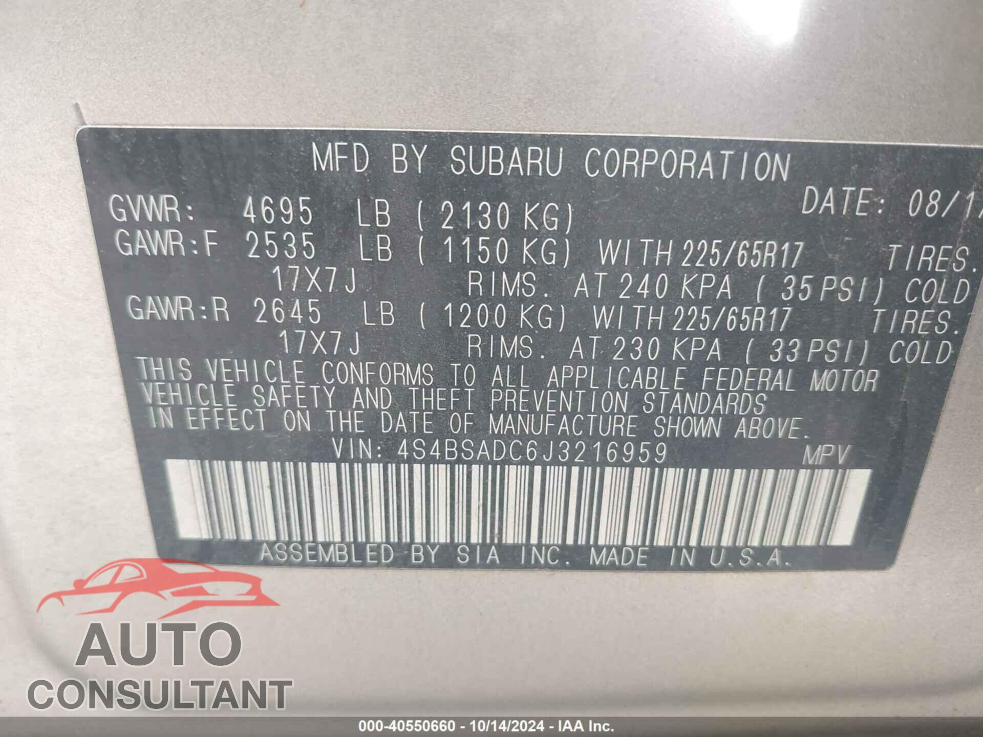 SUBARU OUTBACK 2018 - 4S4BSADC6J3216959