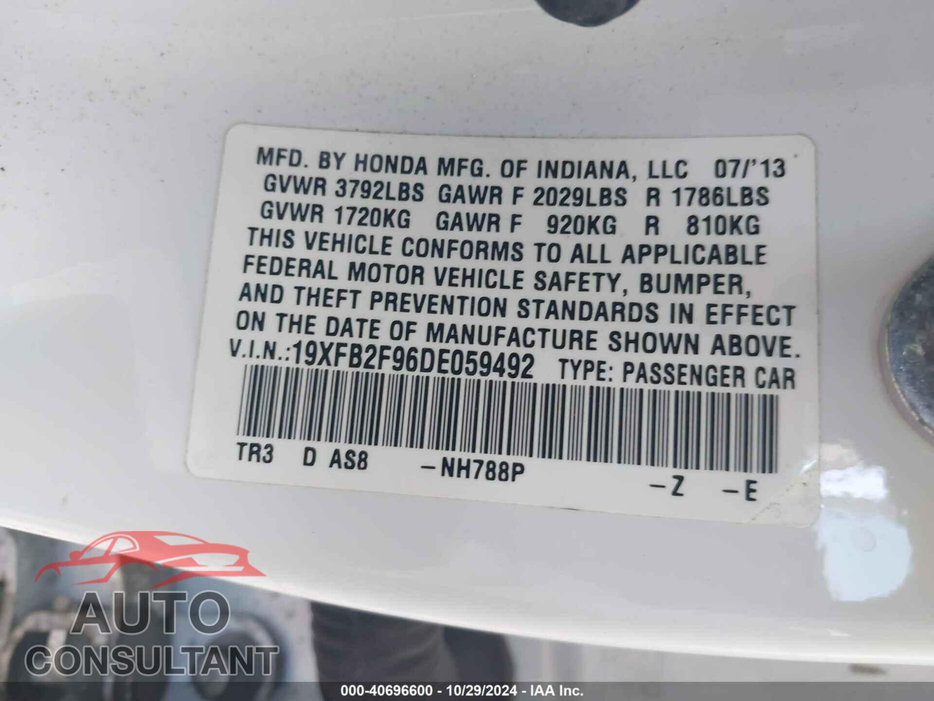 HONDA CIVIC 2013 - 19XFB2F96DE059492