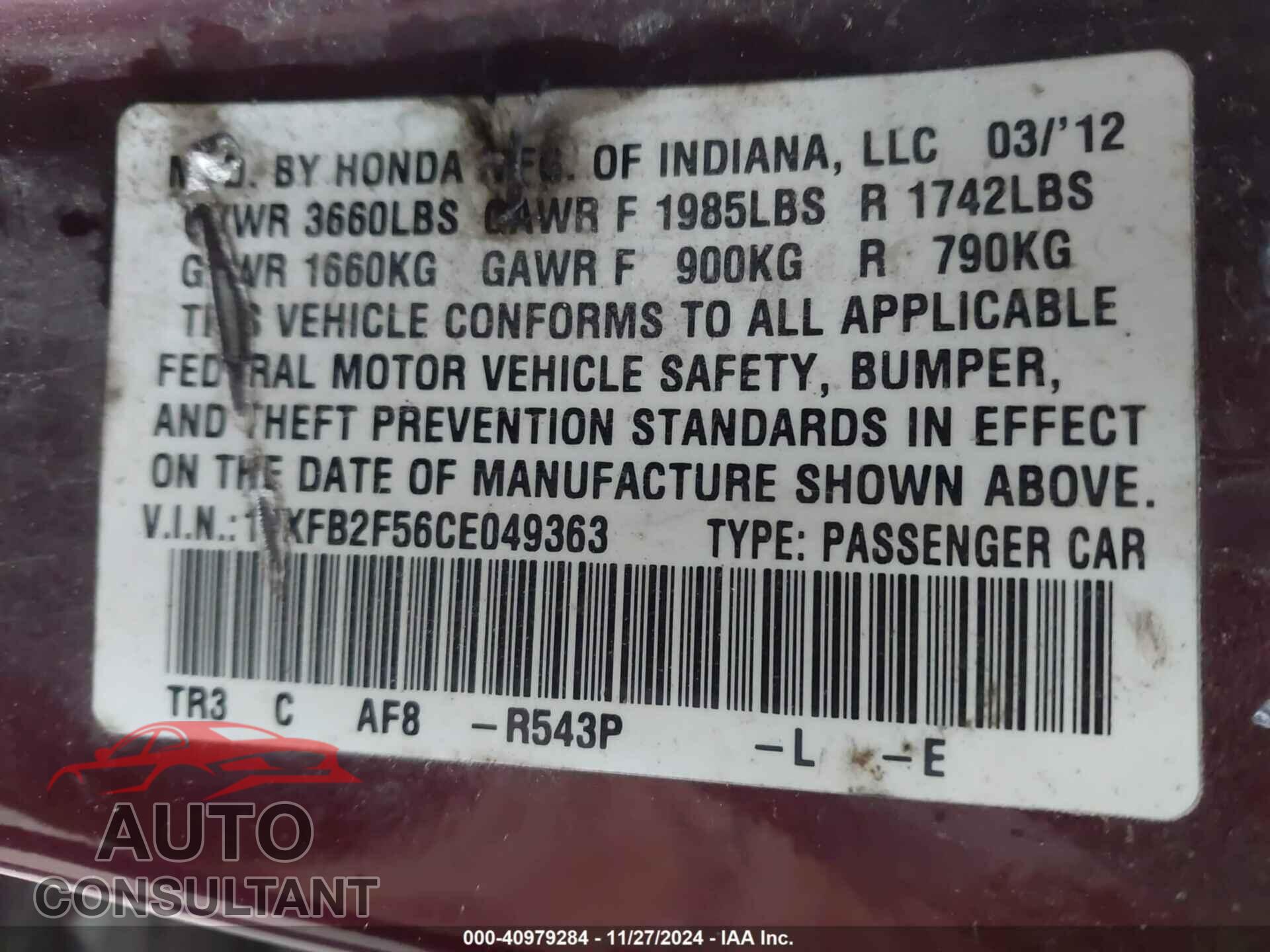 HONDA CIVIC 2012 - 19XFB2F56CE049363