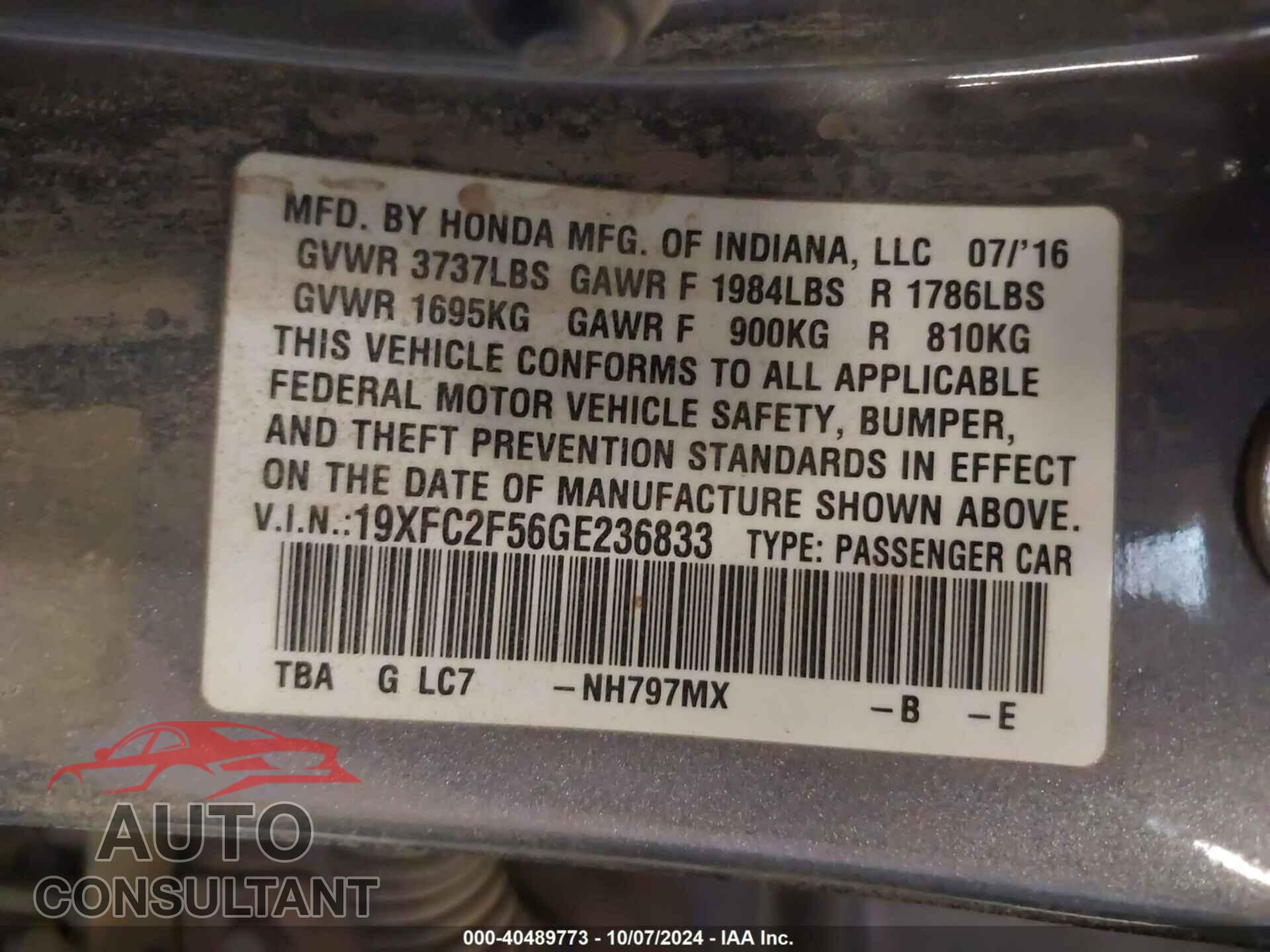 HONDA CIVIC 2016 - 19XFC2F56GE236833