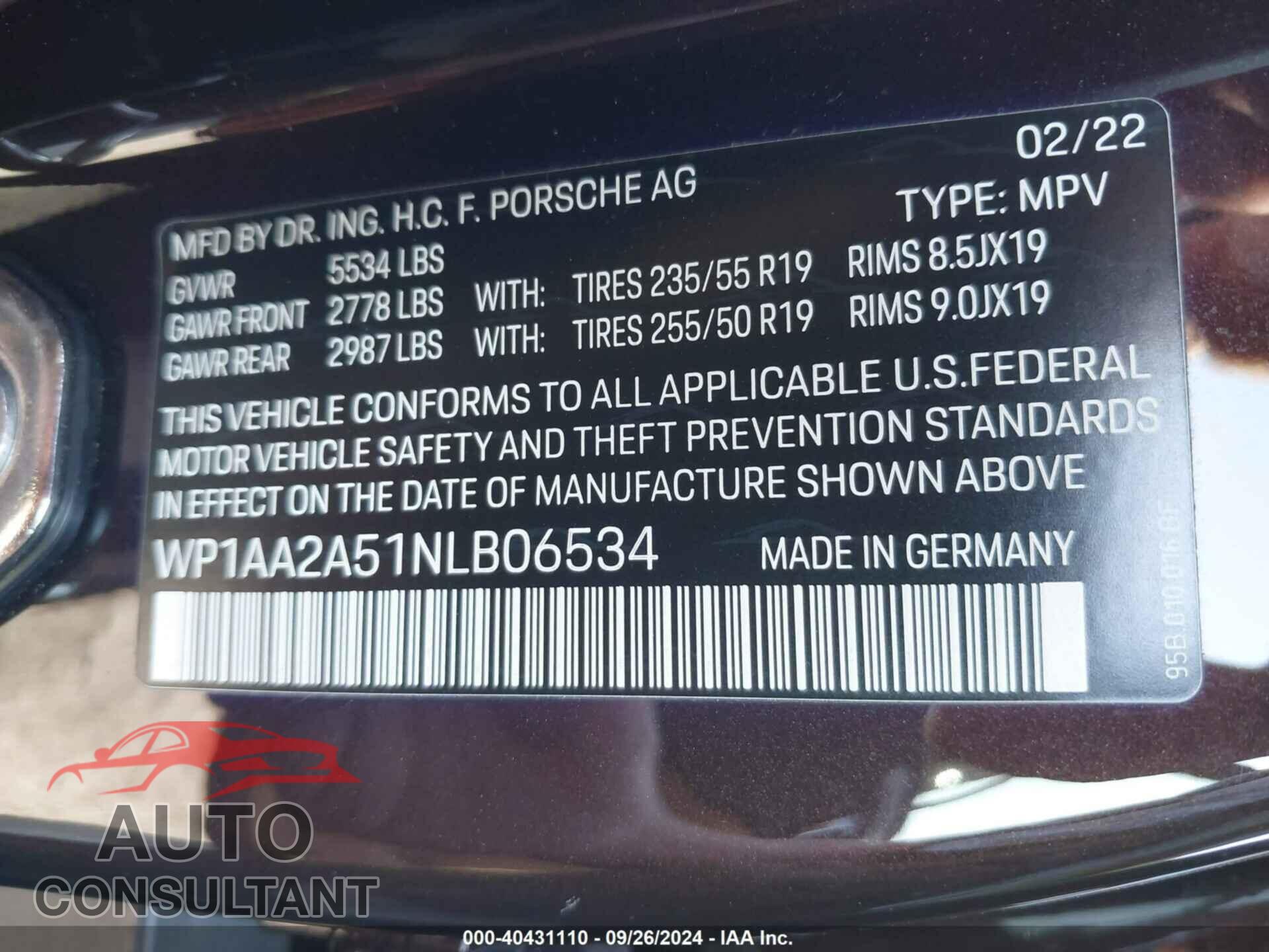 PORSCHE MACAN 2022 - WP1AA2A51NLB06534