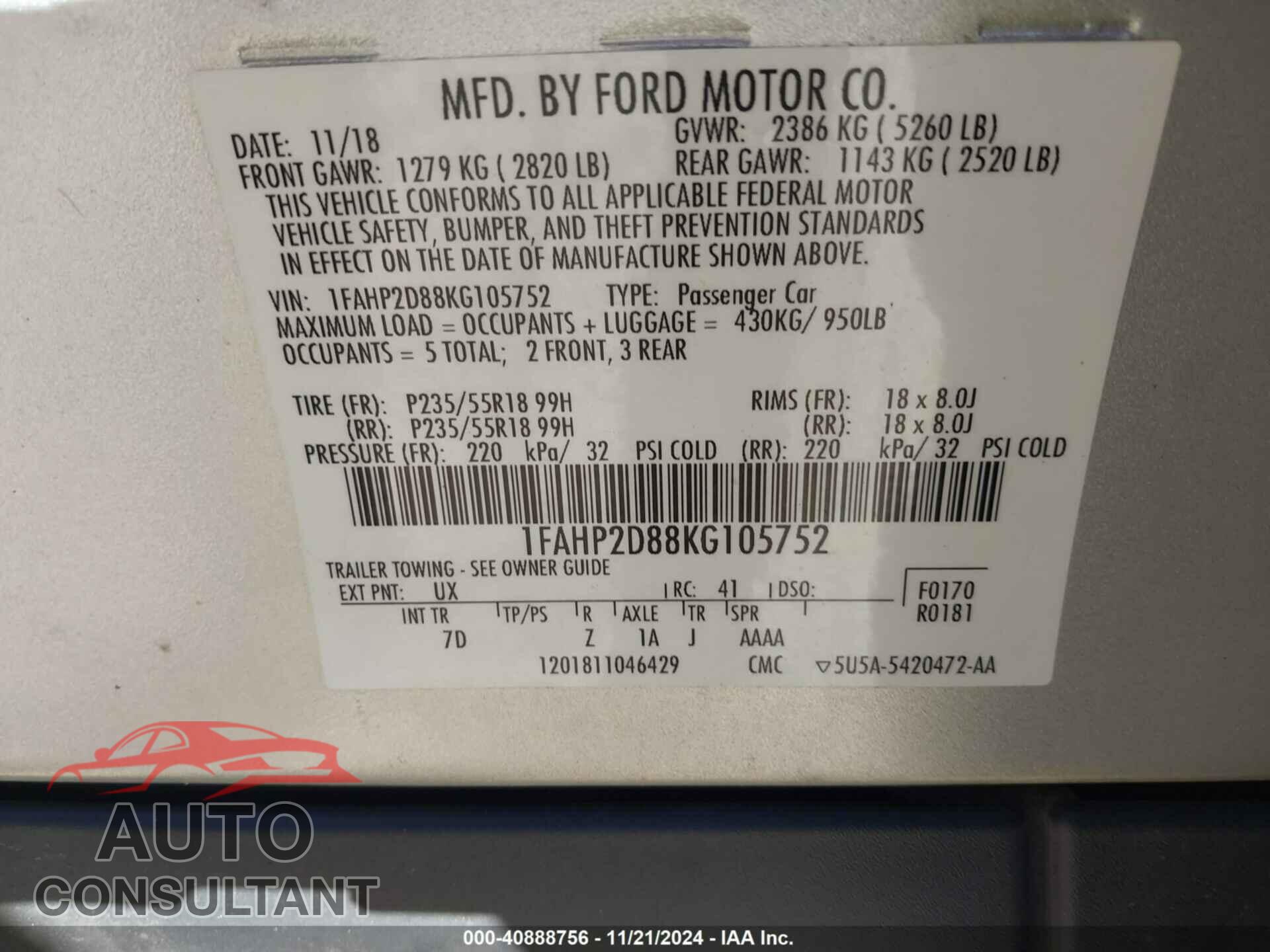 FORD TAURUS 2019 - 1FAHP2D88KG105752
