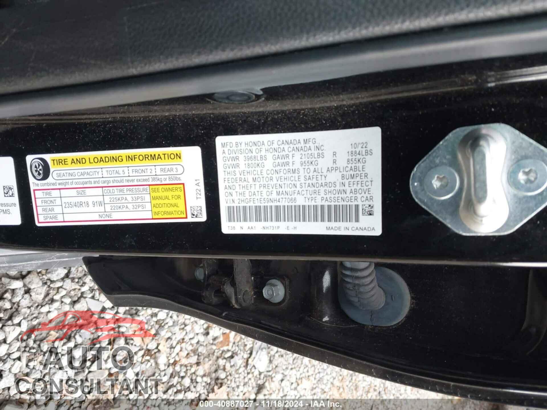 HONDA CIVIC SI 2022 - 2HGFE1E59NH477066