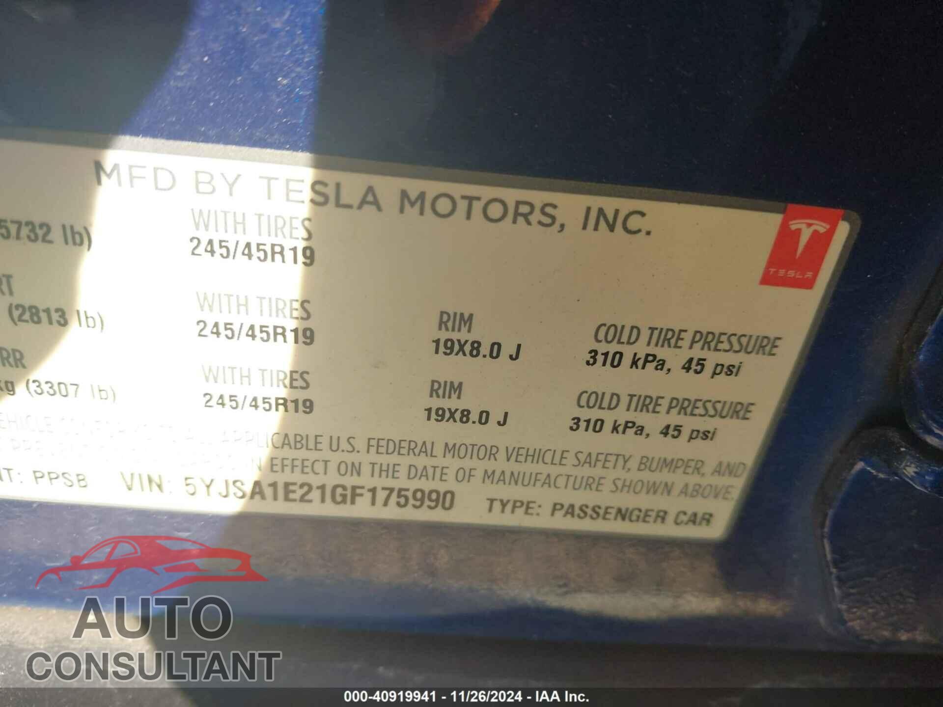 TESLA MODEL S 2016 - 5YJSA1E21GF175990