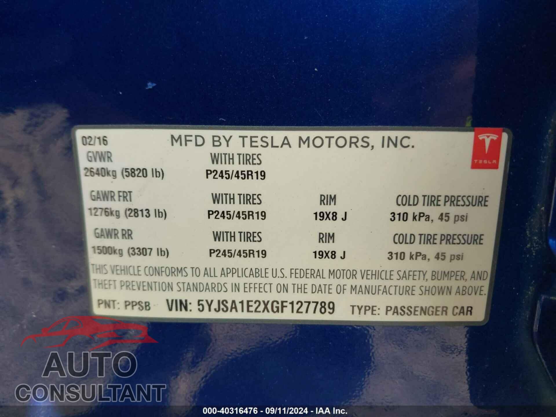 TESLA MODEL S 2016 - 5YJSA1E2XGF127789