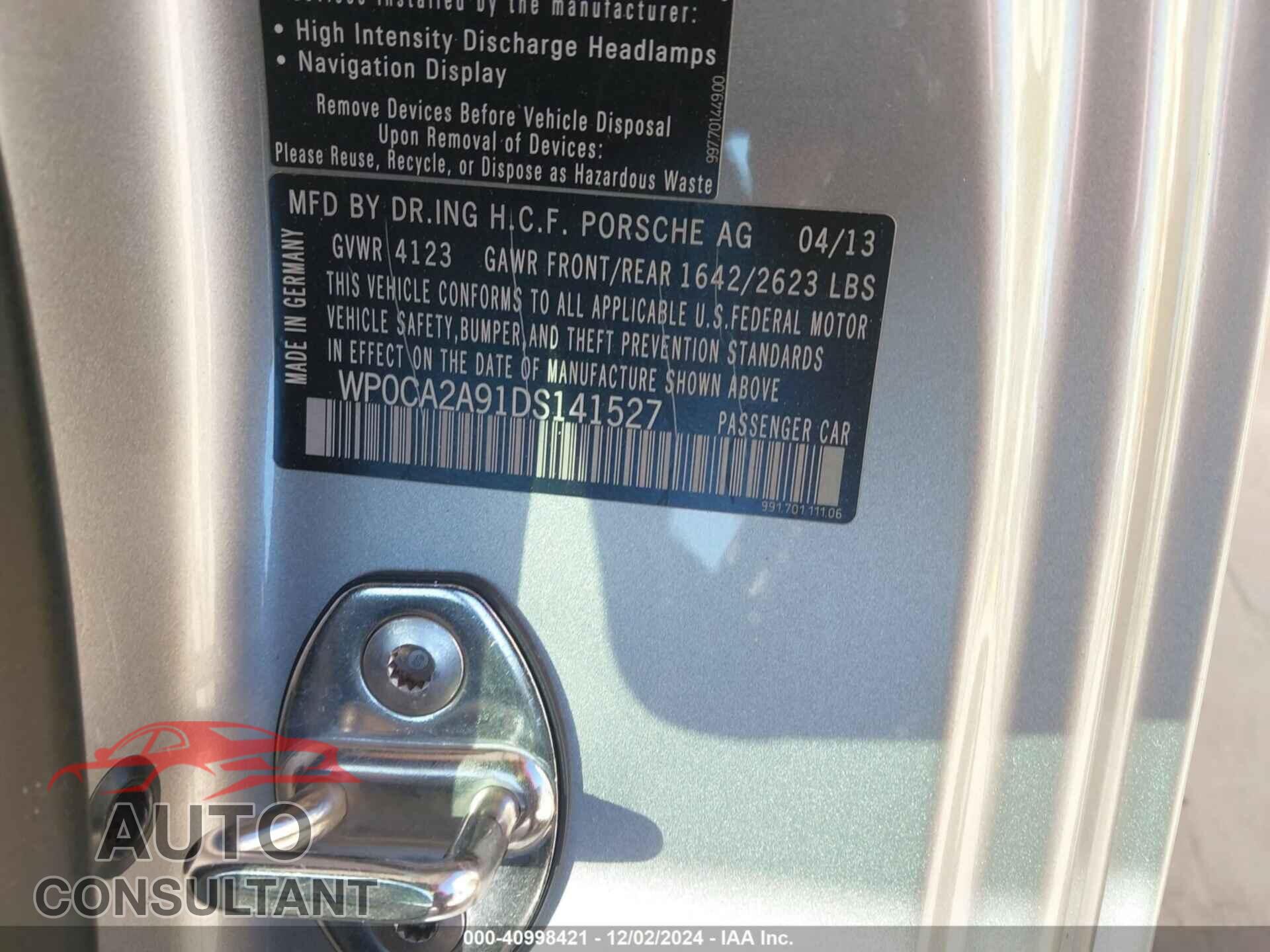 PORSCHE 911 2013 - WP0CA2A91DS141527
