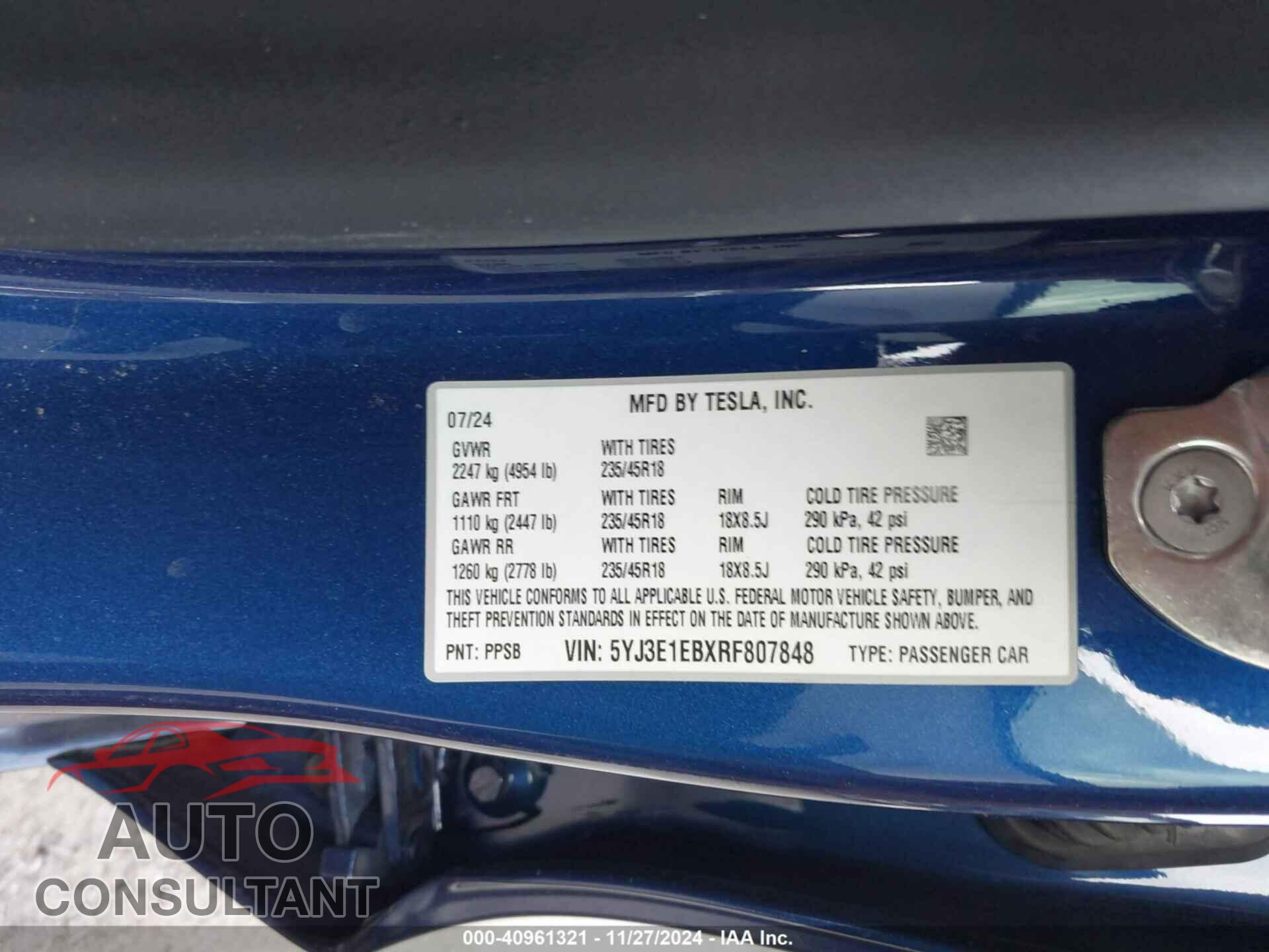 TESLA MODEL 3 2024 - 5YJ3E1EBXRF807848