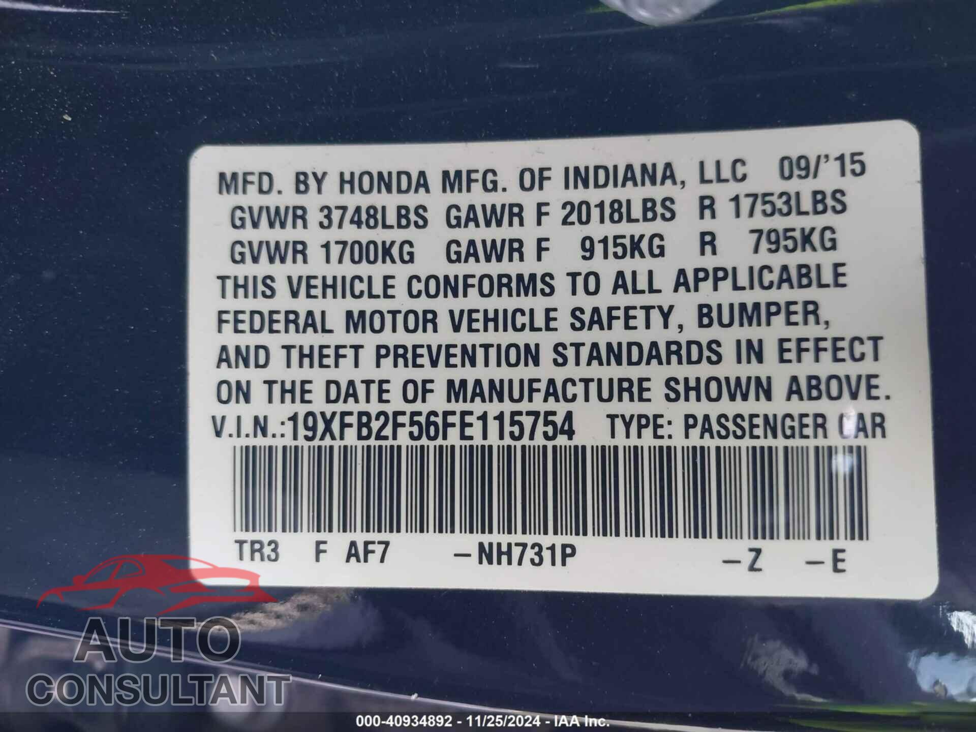 HONDA CIVIC 2015 - 19XFB2F56FE115754