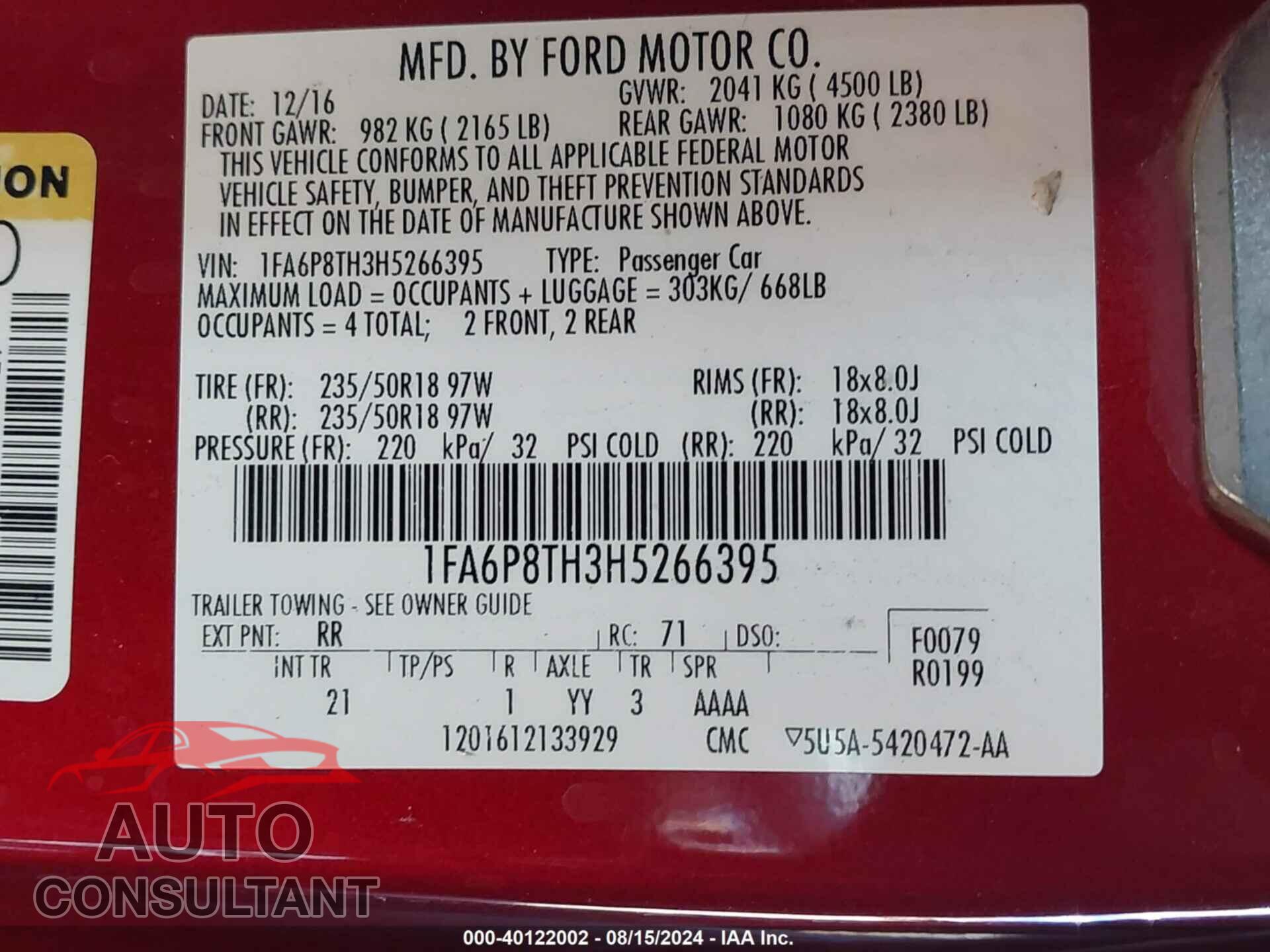 FORD MUSTANG 2017 - 1FA6P8TH3H5266395