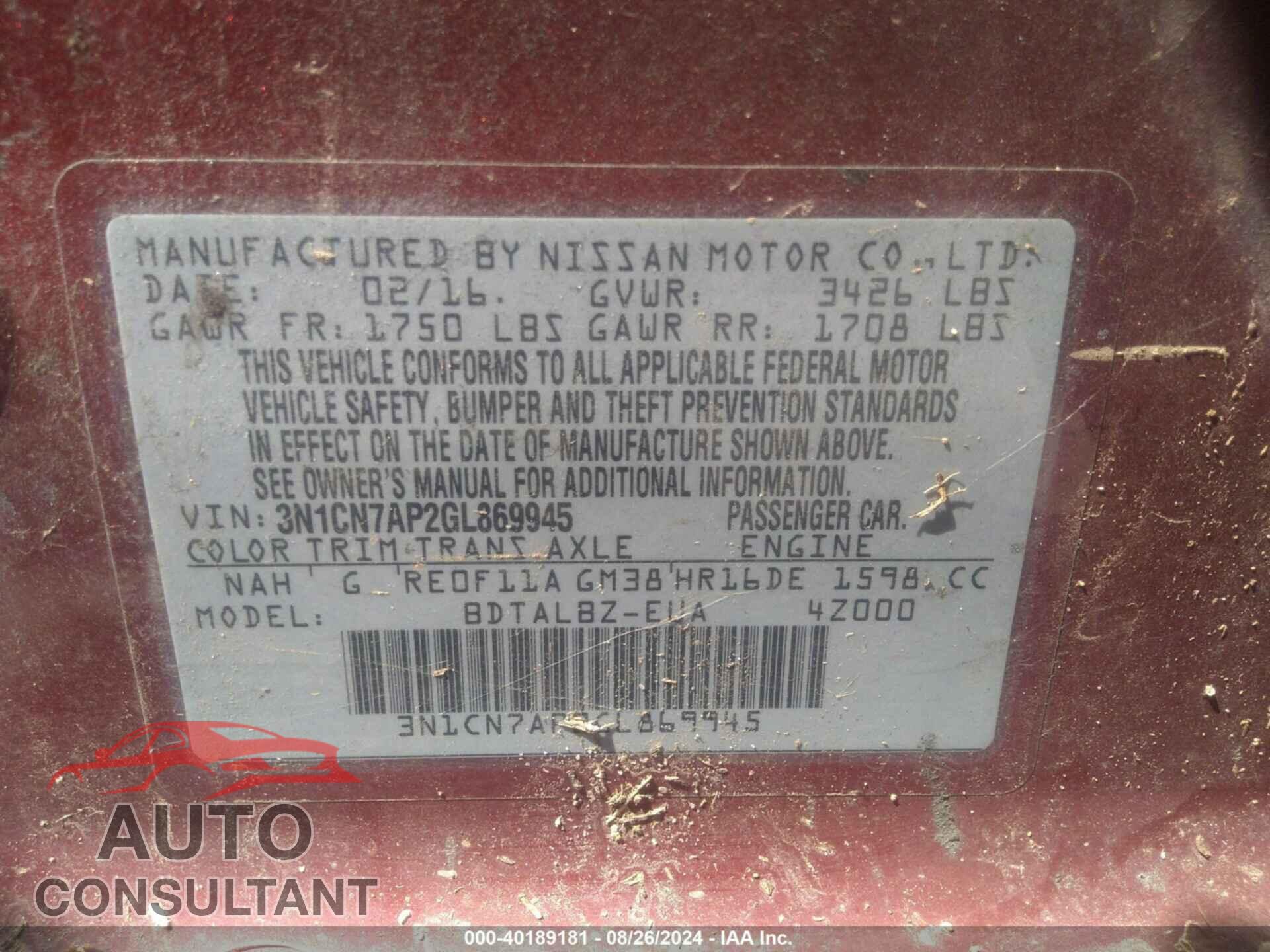 NISSAN VERSA 2016 - 3N1CN7AP2GL869945