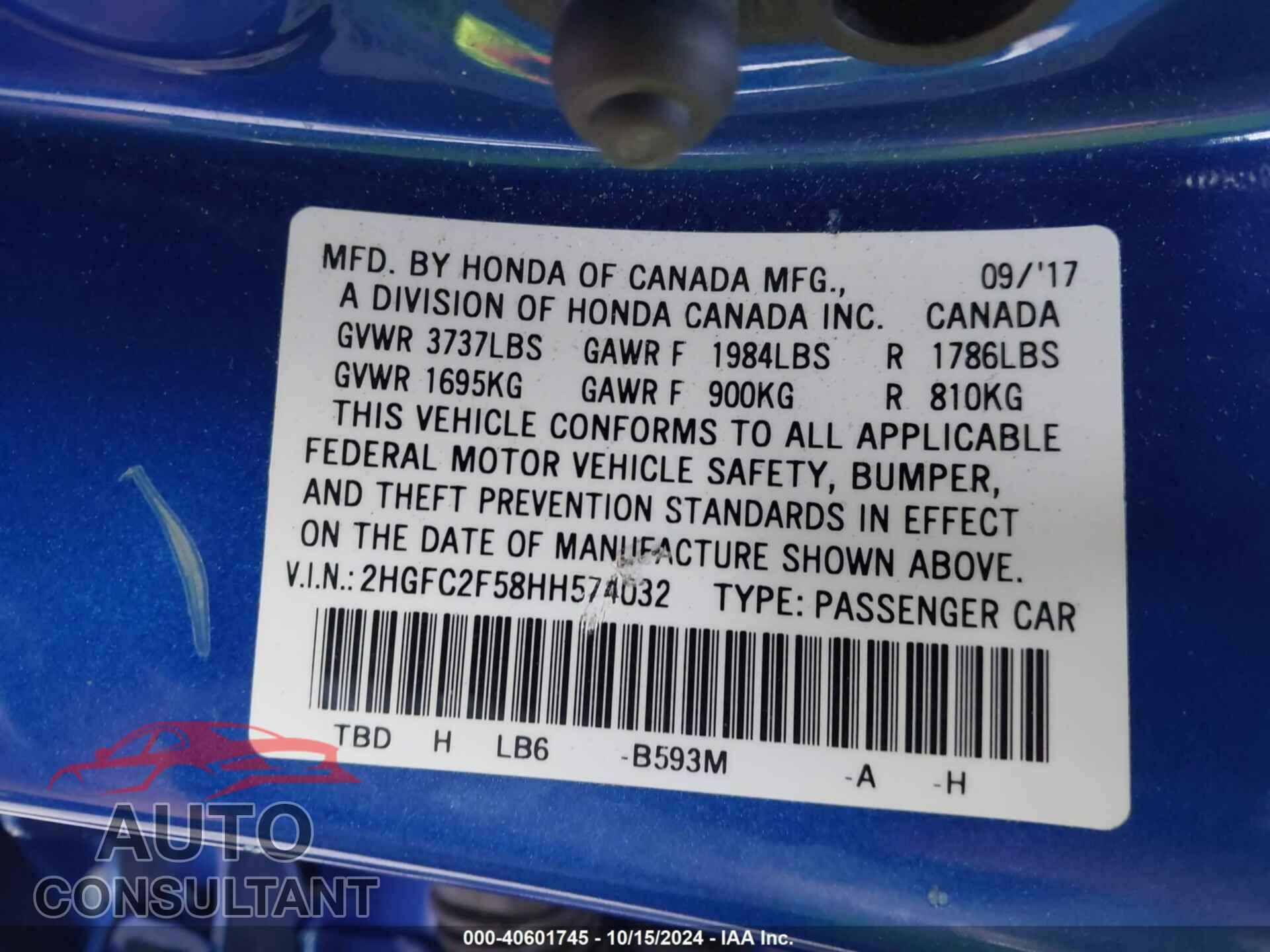 HONDA CIVIC 2017 - 2HGFC2F58HH574032