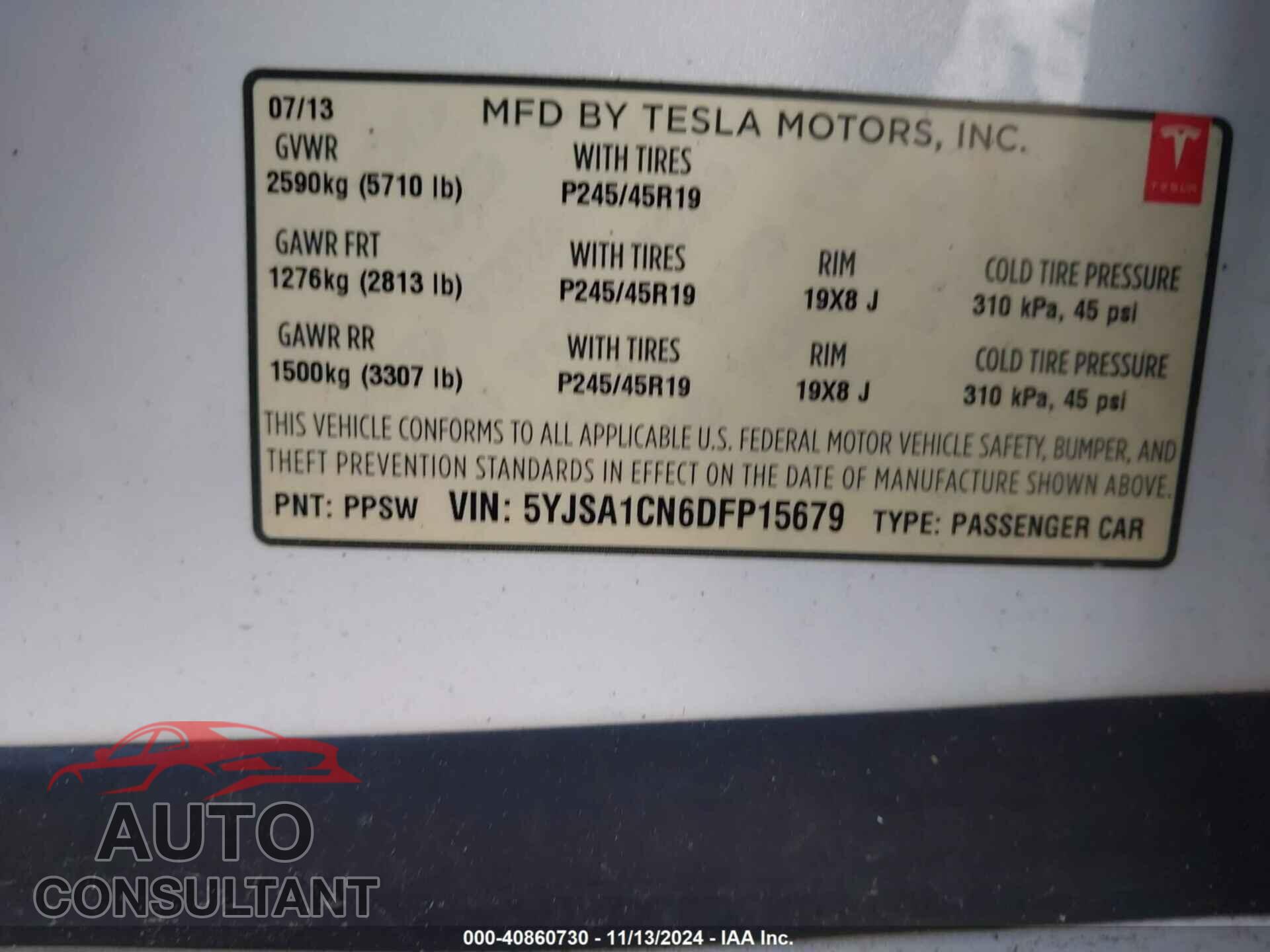 TESLA MODEL S 2013 - 5YJSA1CN6DFP15679