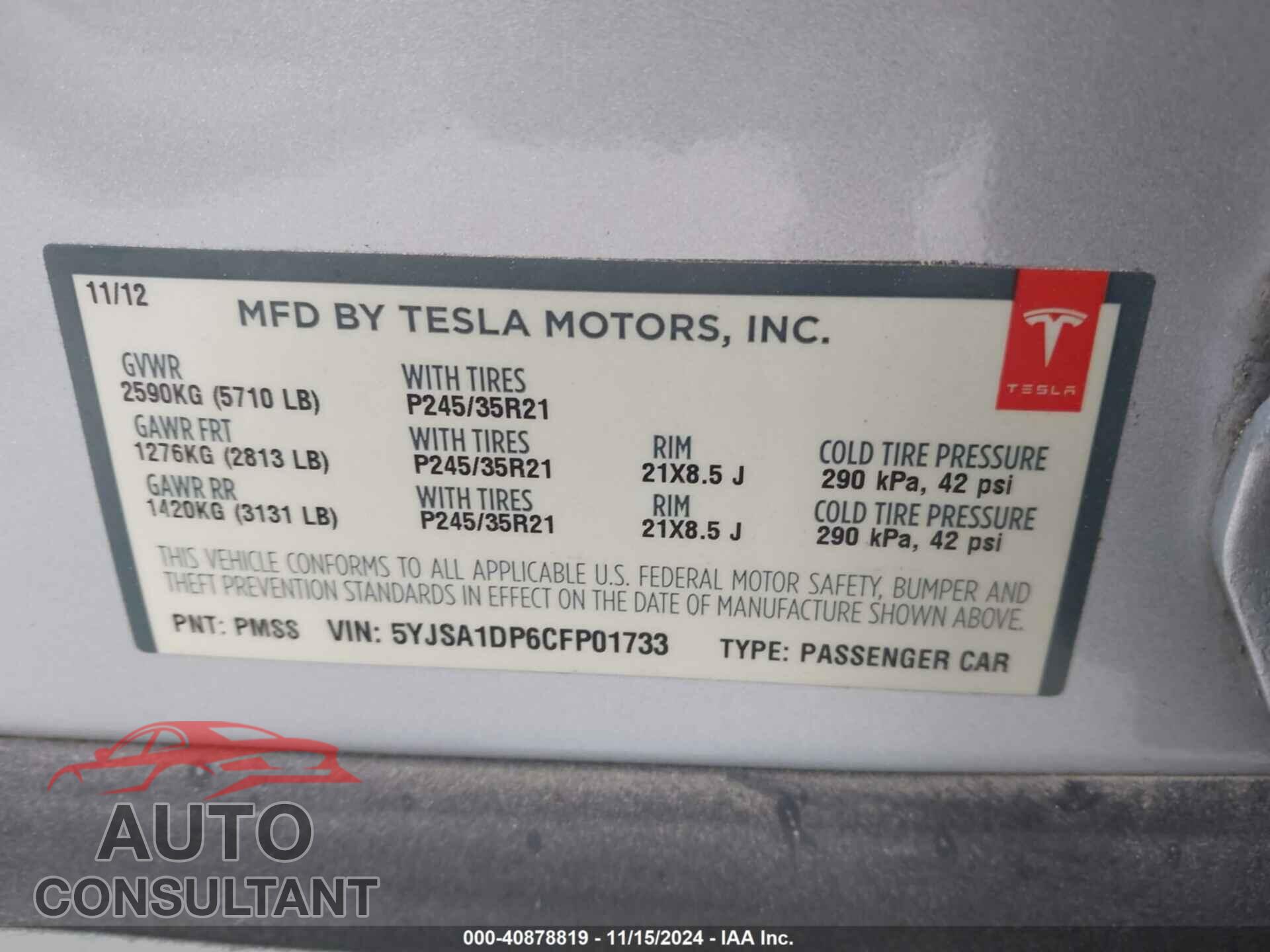 TESLA MODEL S 2012 - 5YJSA1DP6CFP01733