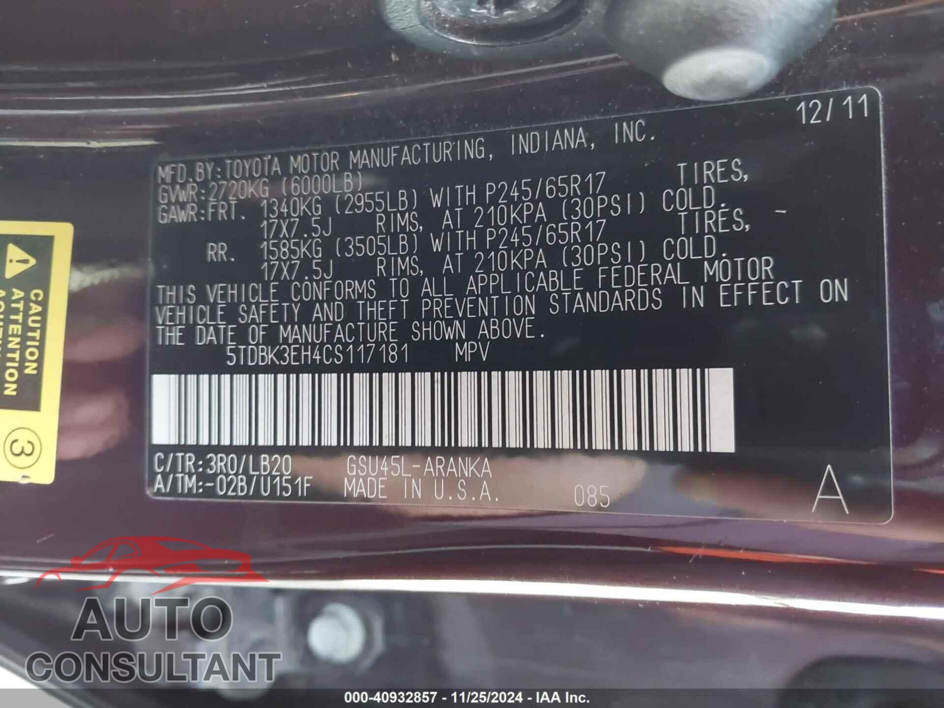 TOYOTA HIGHLANDER 2012 - 5TDBK3EH4CS117181