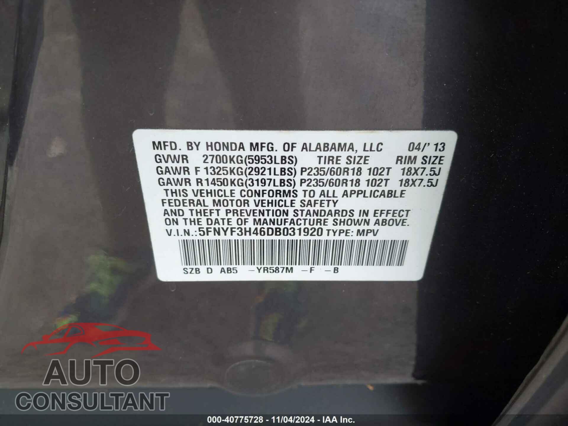 HONDA PILOT 2013 - 5FNYF3H46DB031920