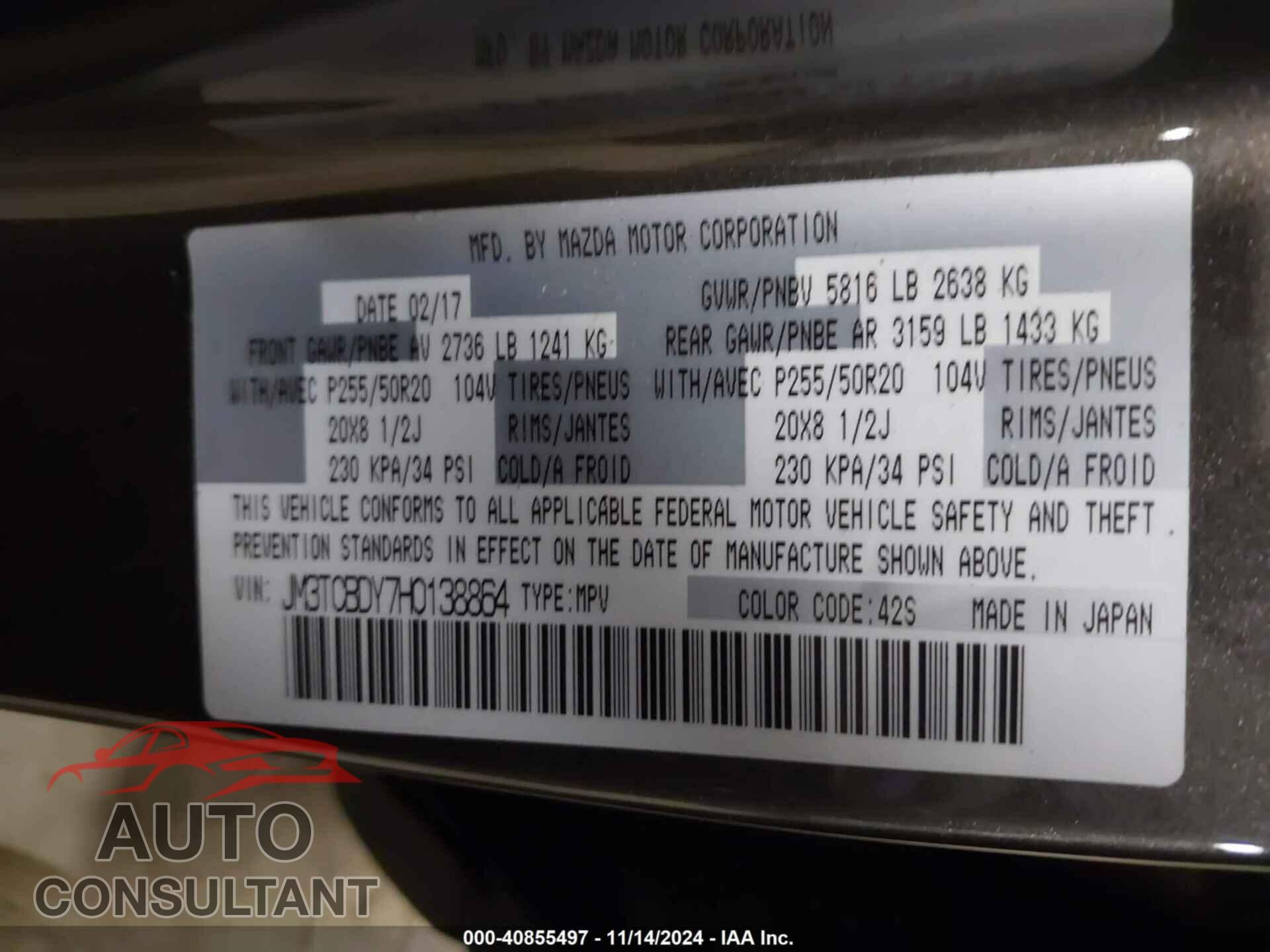 MAZDA CX-9 2017 - JM3TCBDY7H0138864